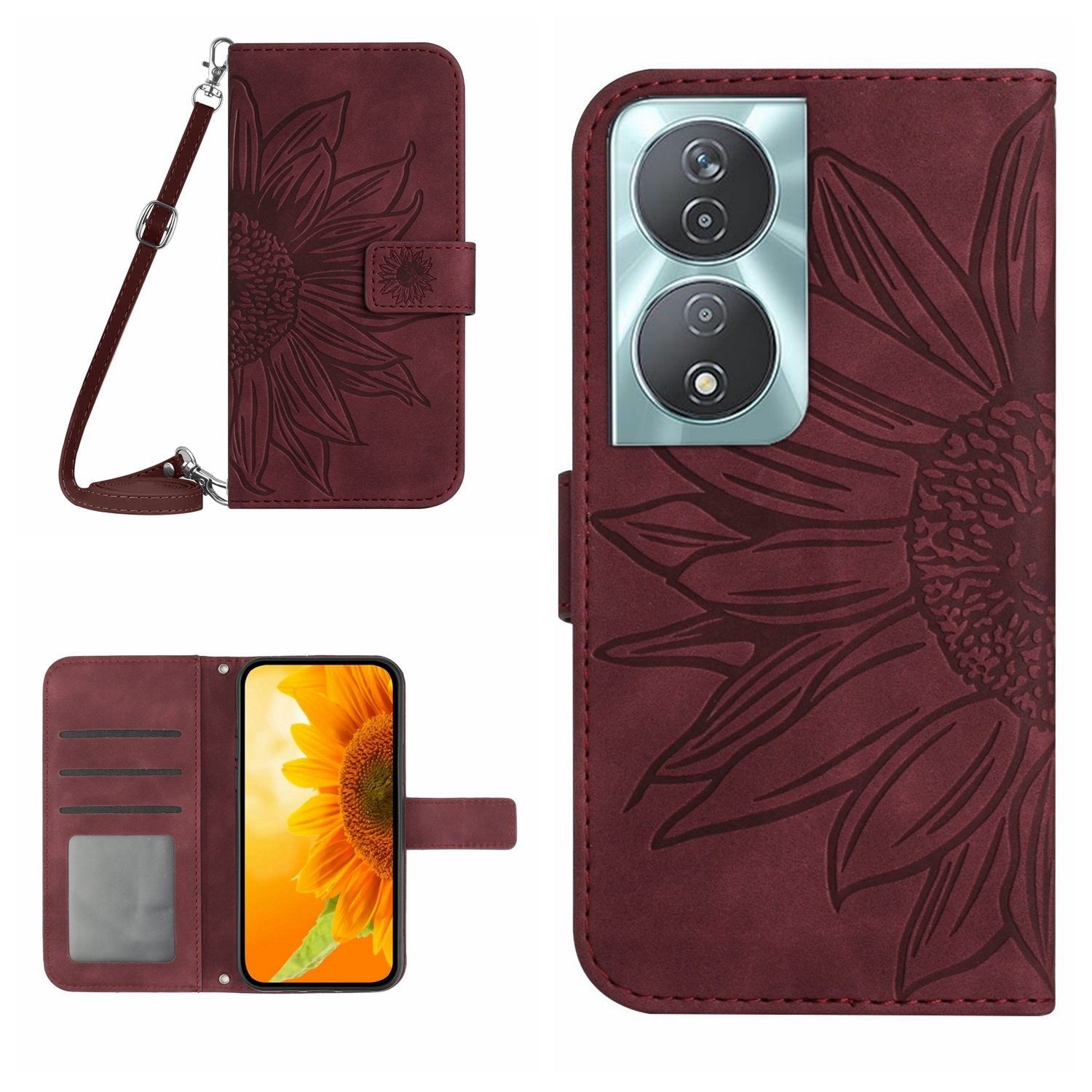 For-Honor-90-Smart-Skin-Feel-Sun-Flower-Pattern-Leather-Phone-Case-with-Lanyard(Wine-Red)