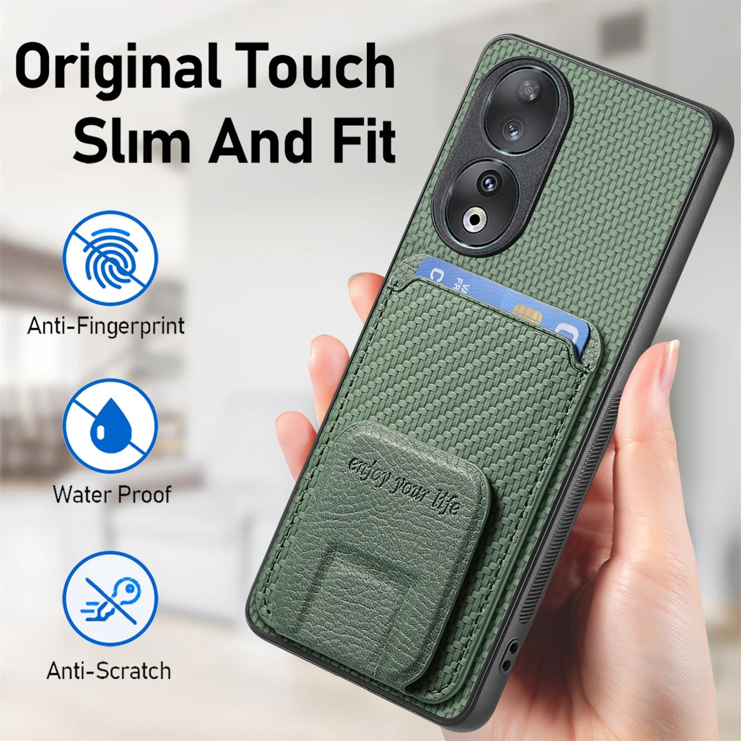 For-Honor-90-Carbon-Fiber-Card-Bag-Fold-Stand-Phone-Case(Green)