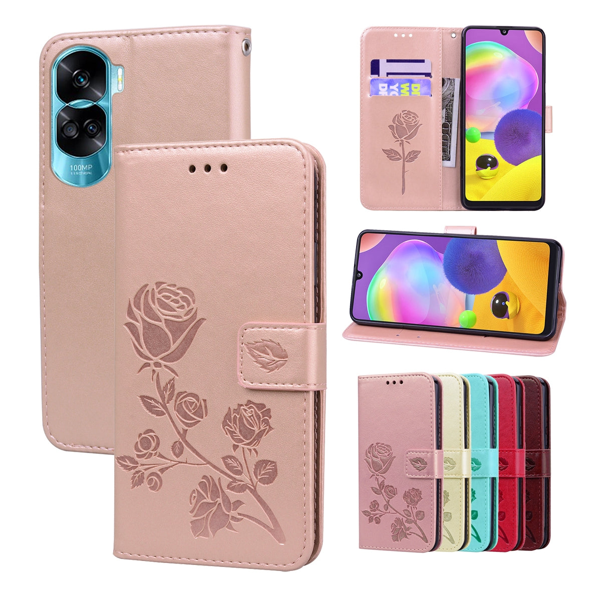 For-Honor-90-Lite-Rose-Embossed-Flip-PU-Leather-Phone-Case(Rose-Gold)