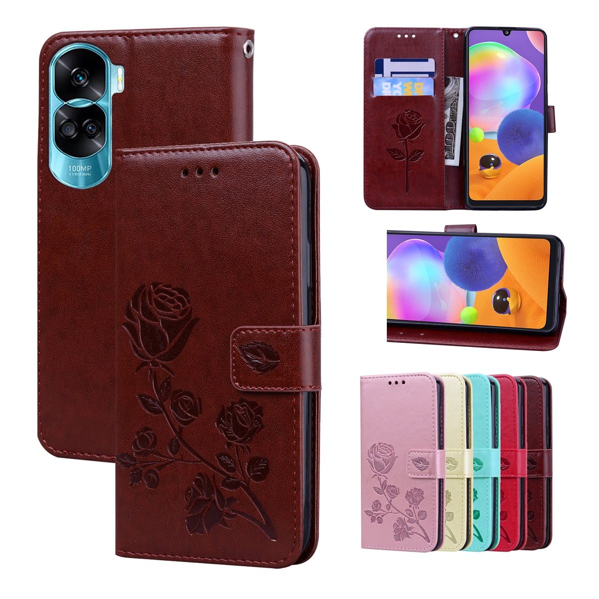 For-Honor-90-Lite-Rose-Embossed-Flip-PU-Leather-Phone-Case(Brown)