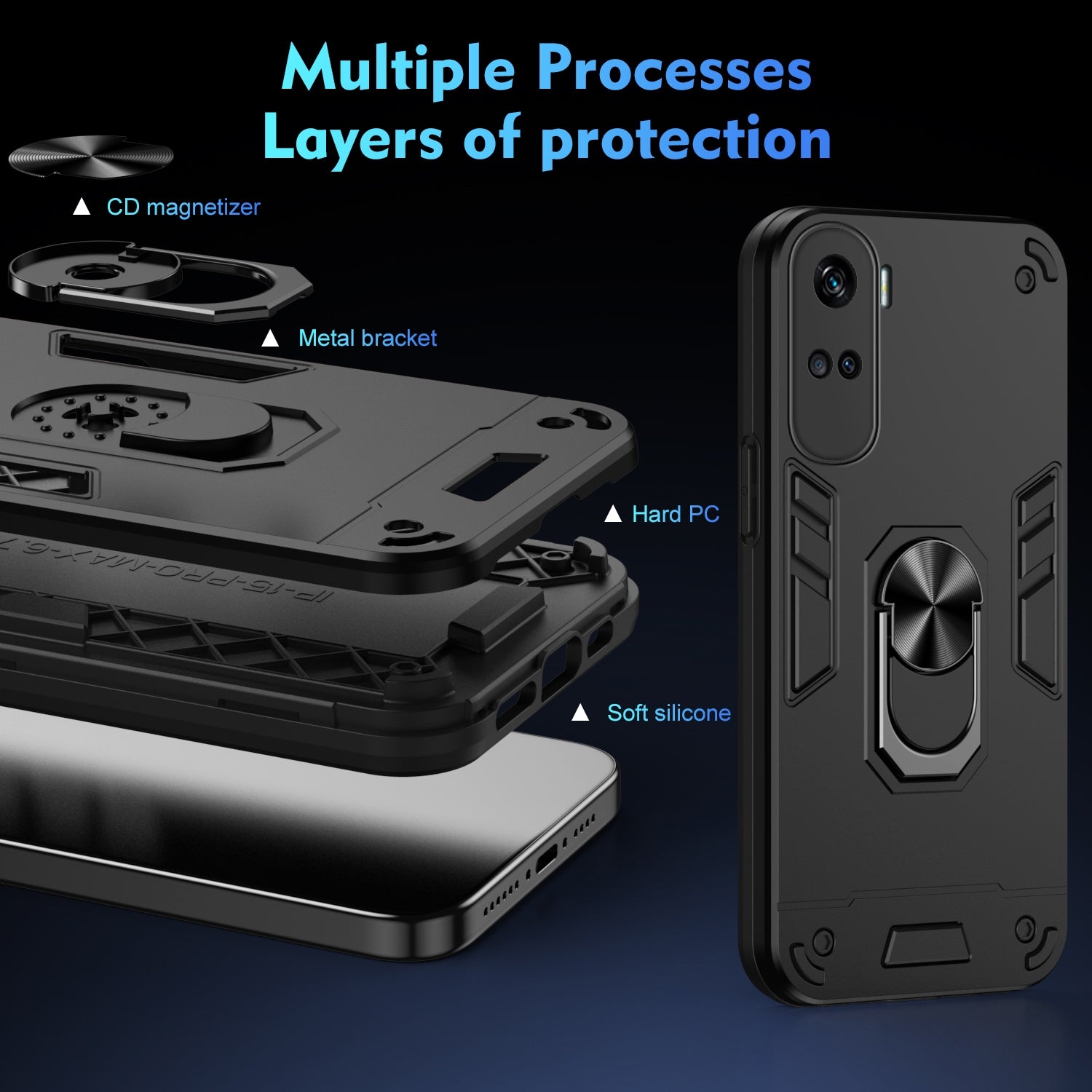 For-Honor-90-Lite-Shockproof-Metal-Ring-Holder-Phone-Case(Black)
