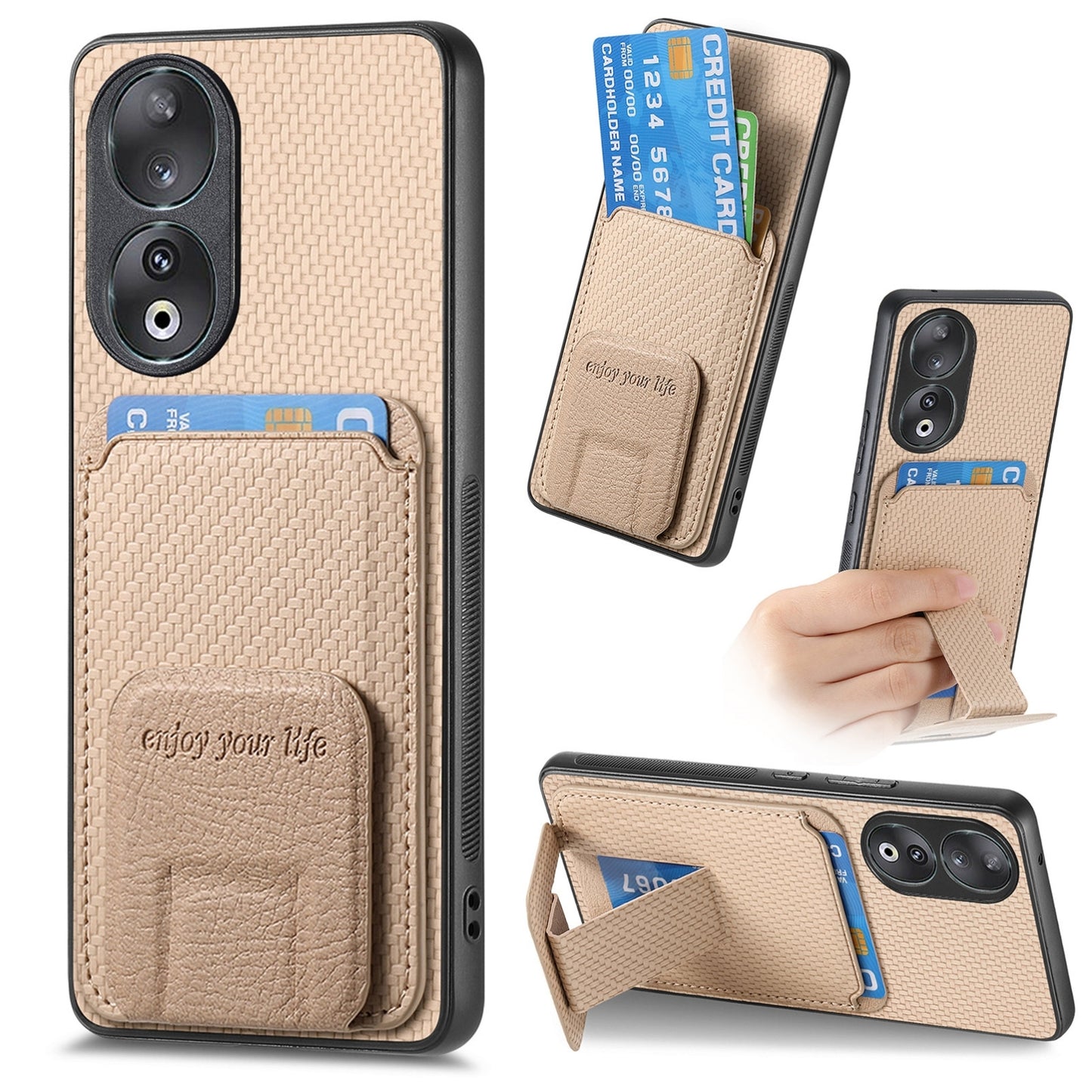 For-Honor-90-Carbon-Fiber-Card-Bag-Fold-Stand-Phone-Case(Khaki)