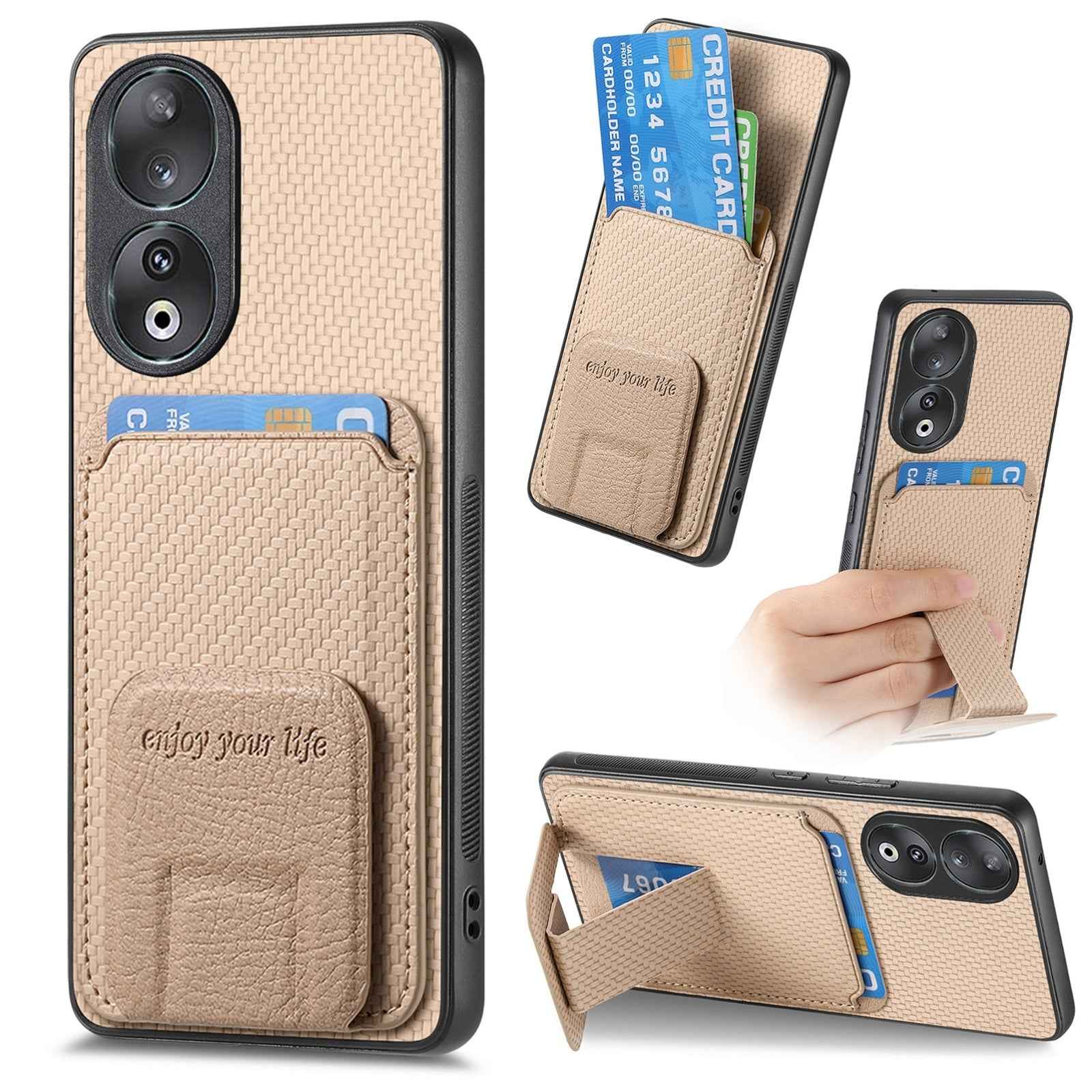 For-Honor-90-Carbon-Fiber-Card-Bag-Fold-Stand-Phone-Case(Khaki)