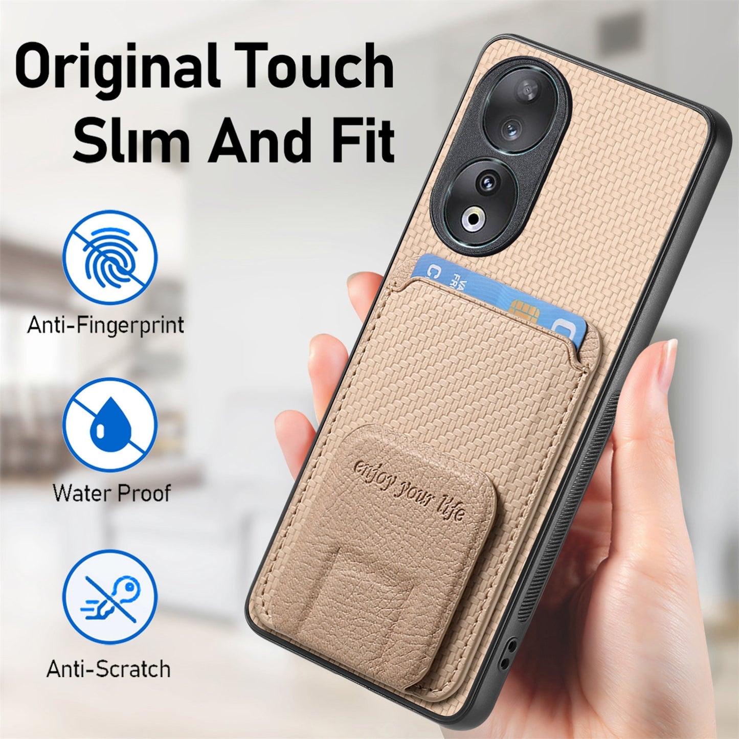 For-Honor-90-Carbon-Fiber-Card-Bag-Fold-Stand-Phone-Case(Khaki)