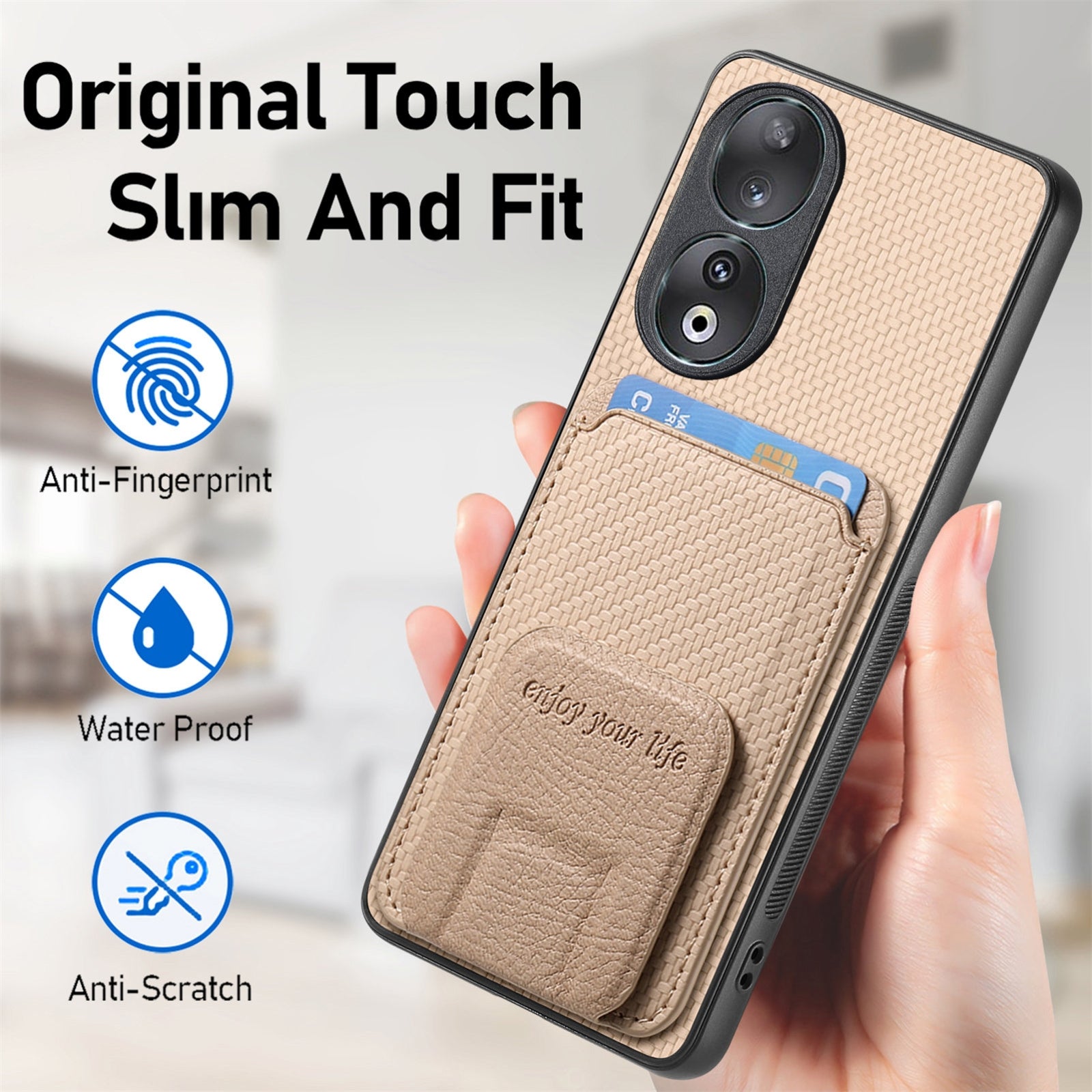 For-Honor-90-Carbon-Fiber-Card-Bag-Fold-Stand-Phone-Case(Khaki)