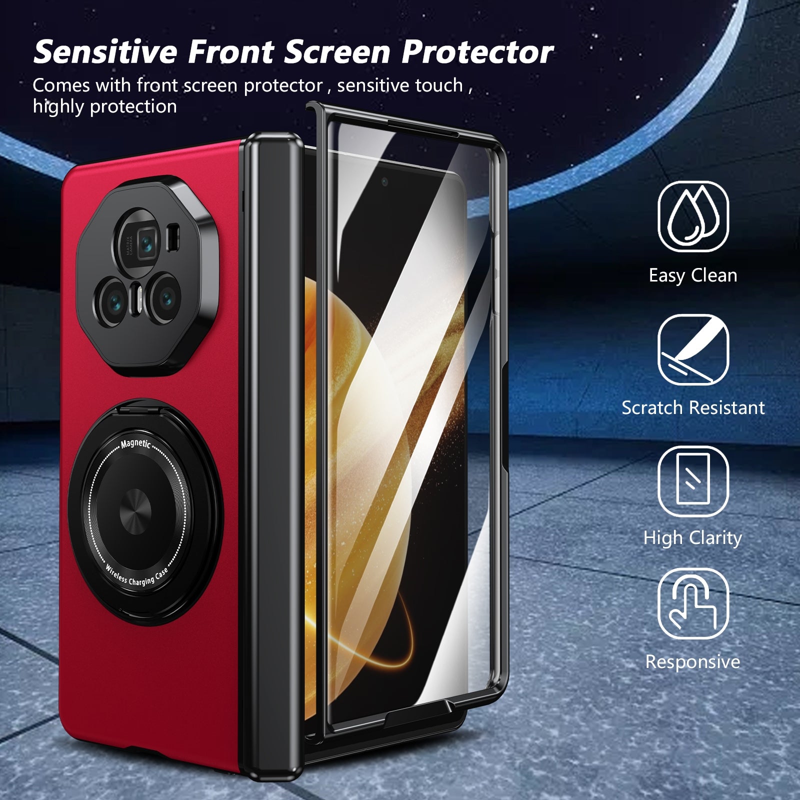 For-Honor-Magic-V3-Gold-Medal-Rotating-Folding-Series-Ring-Holder-Phone-Case(Red)