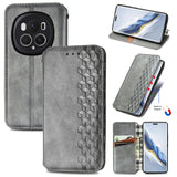 For-Honor-Magic6-Pro-Cubic-Grid-Pressed-Magnetic-Leather-Phone-Case(Grey)