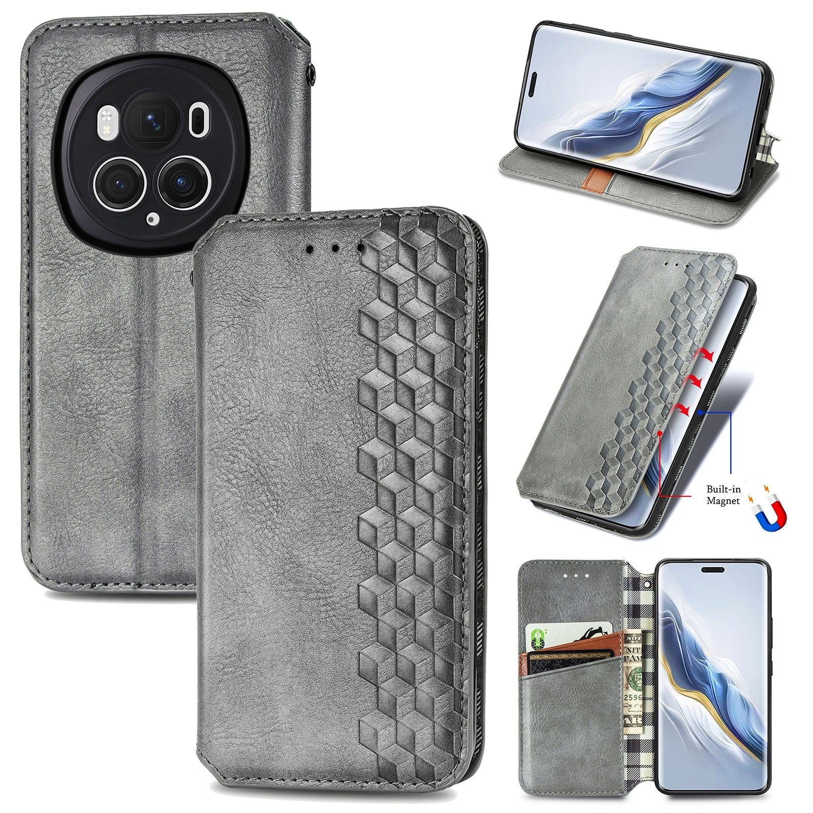 For-Honor-Magic6-Pro-Cubic-Grid-Pressed-Magnetic-Leather-Phone-Case(Grey)