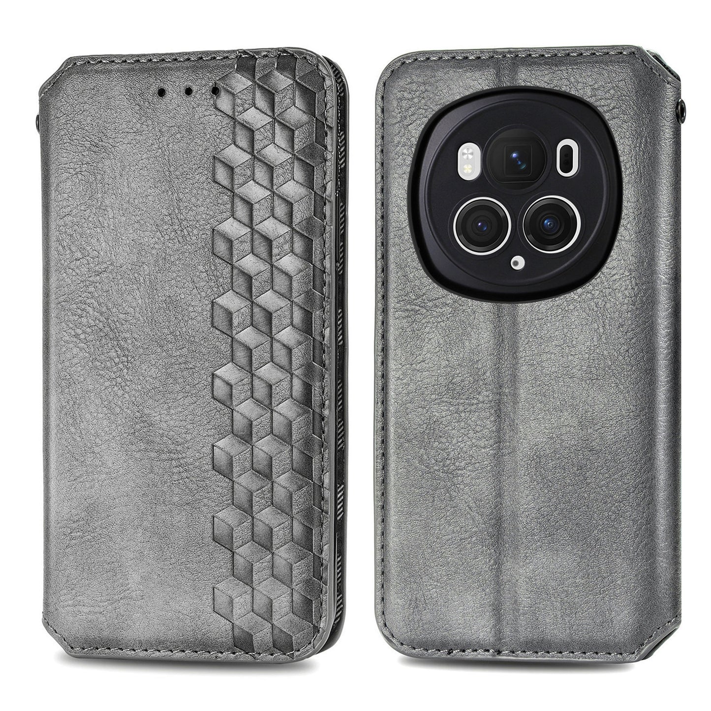 For-Honor-Magic6-Pro-Cubic-Grid-Pressed-Magnetic-Leather-Phone-Case(Grey)