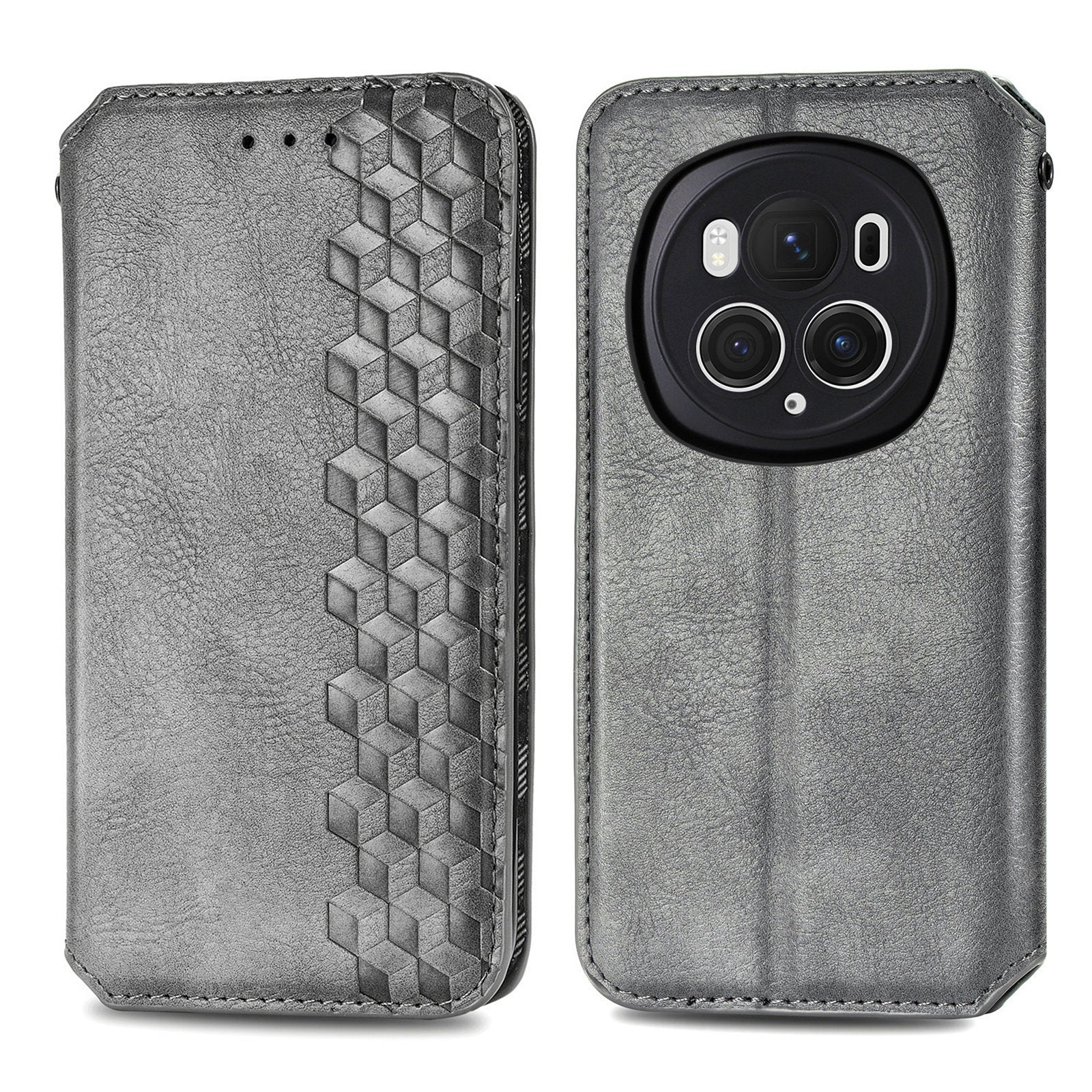 For-Honor-Magic6-Pro-Cubic-Grid-Pressed-Magnetic-Leather-Phone-Case(Grey)