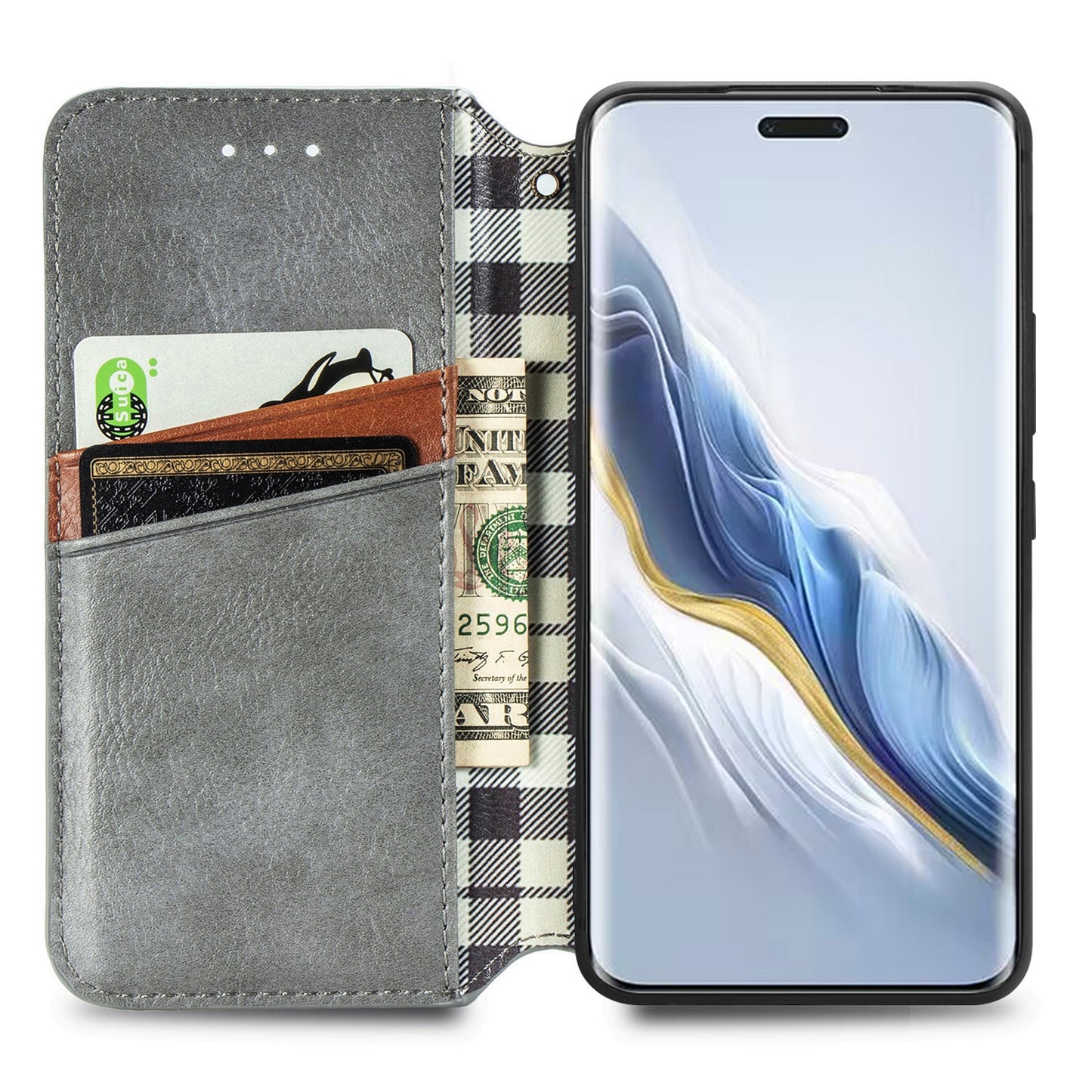 For-Honor-Magic6-Pro-Cubic-Grid-Pressed-Magnetic-Leather-Phone-Case(Grey)