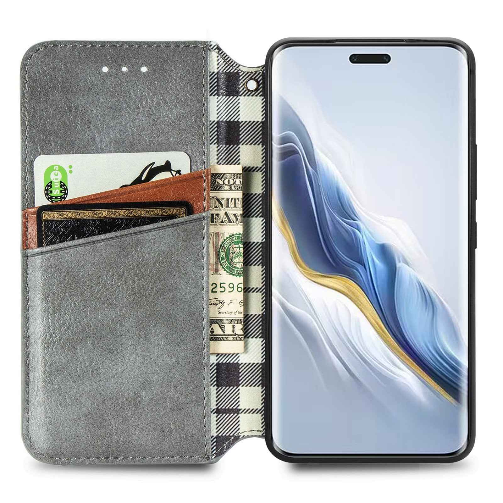 For-Honor-Magic6-Pro-Cubic-Grid-Pressed-Magnetic-Leather-Phone-Case(Grey)