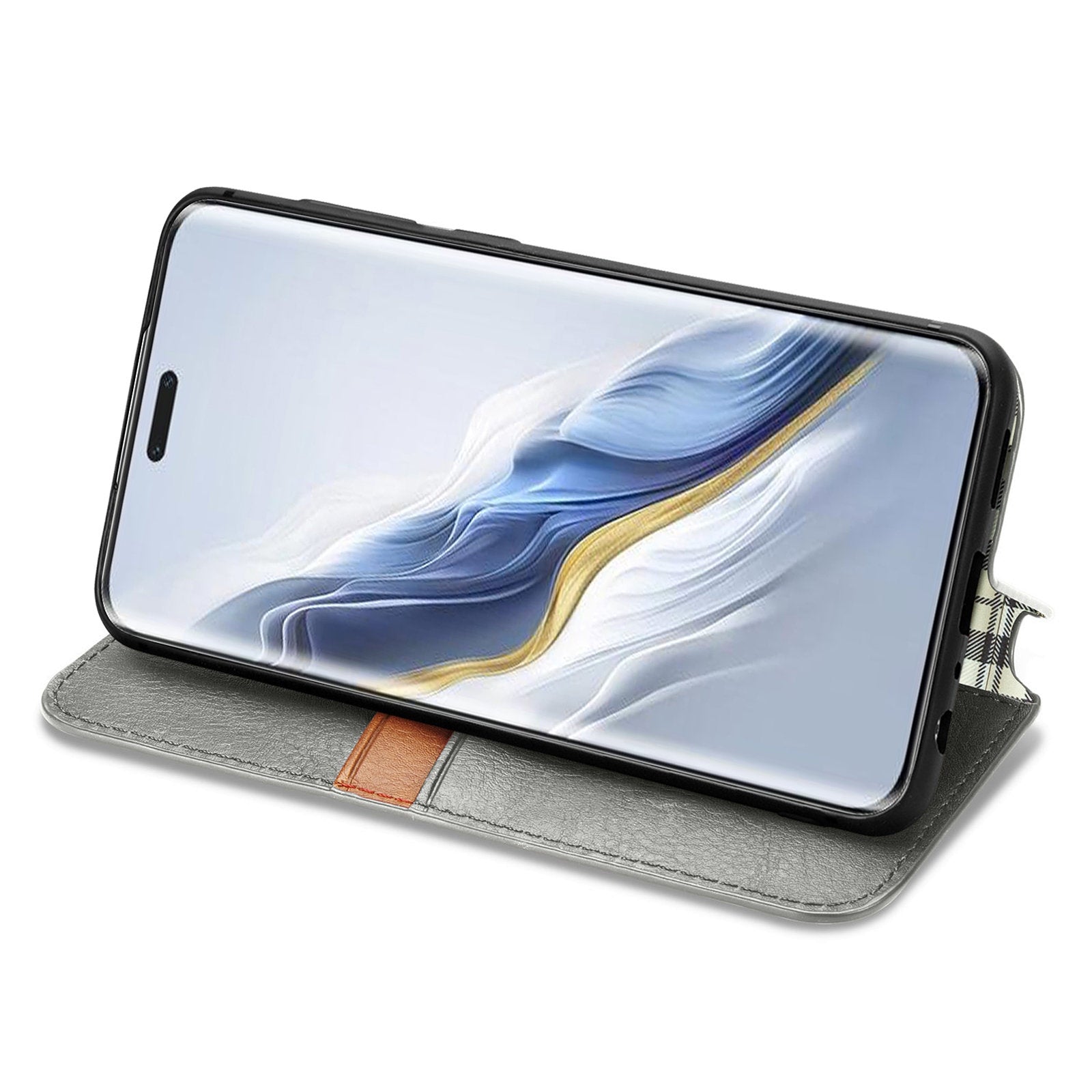 For-Honor-Magic6-Pro-Cubic-Grid-Pressed-Magnetic-Leather-Phone-Case(Grey)