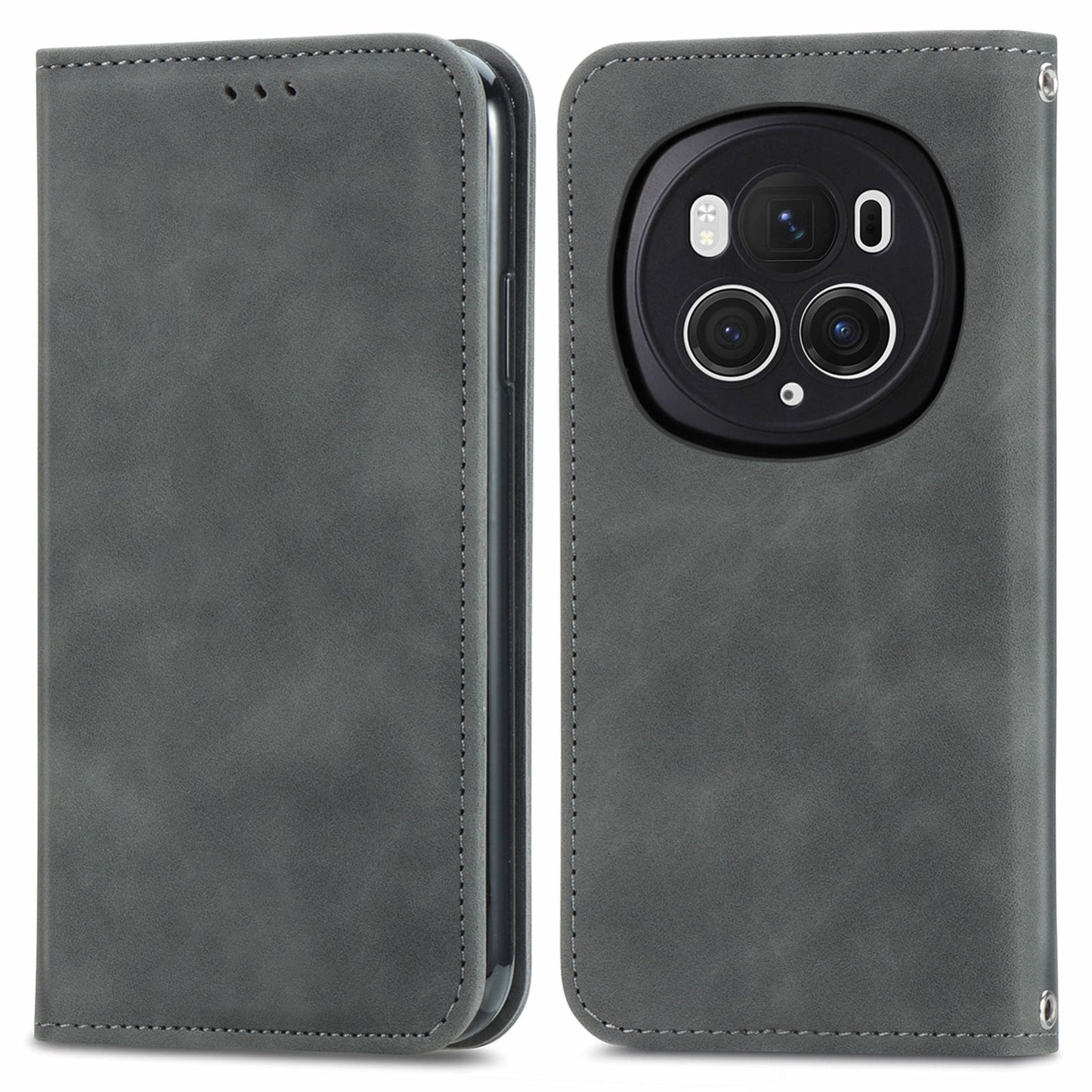 For-Honor-Magic6-Pro-Retro-Skin-Feel-Magnetic-Flip-Leather-Phone-Case(Grey)