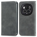 For-Honor-Magic6-Pro-Retro-Skin-Feel-Magnetic-Flip-Leather-Phone-Case(Grey)