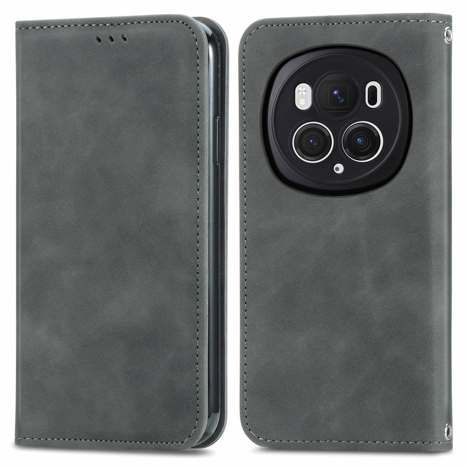 For-Honor-Magic6-Pro-Retro-Skin-Feel-Magnetic-Flip-Leather-Phone-Case(Grey)