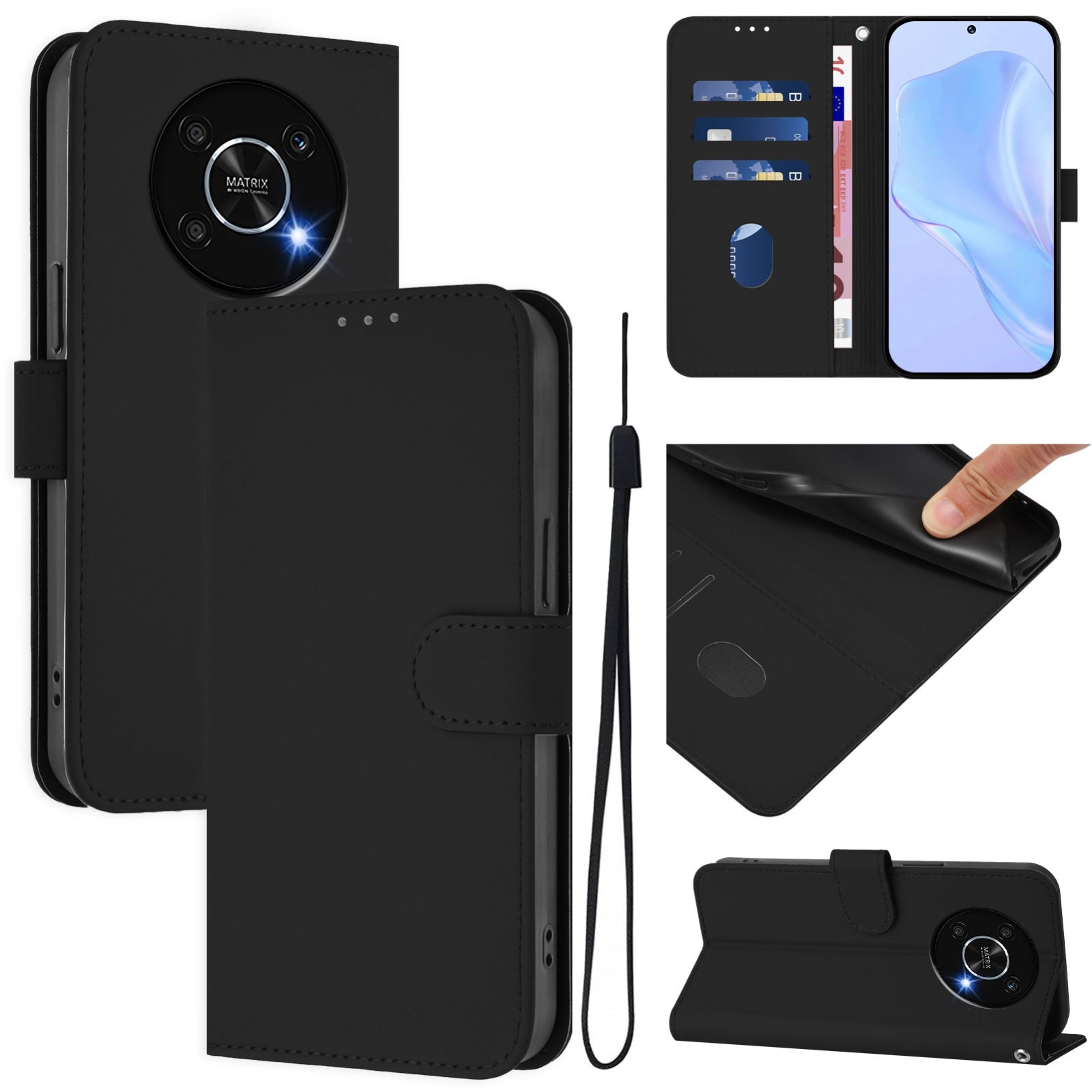 For-Honor-X30-5G-/-X9-5G-/-X9-4G-Skin-Feel-Solid-Color-Leather-Phone-Case-with-Lanyard(Black)