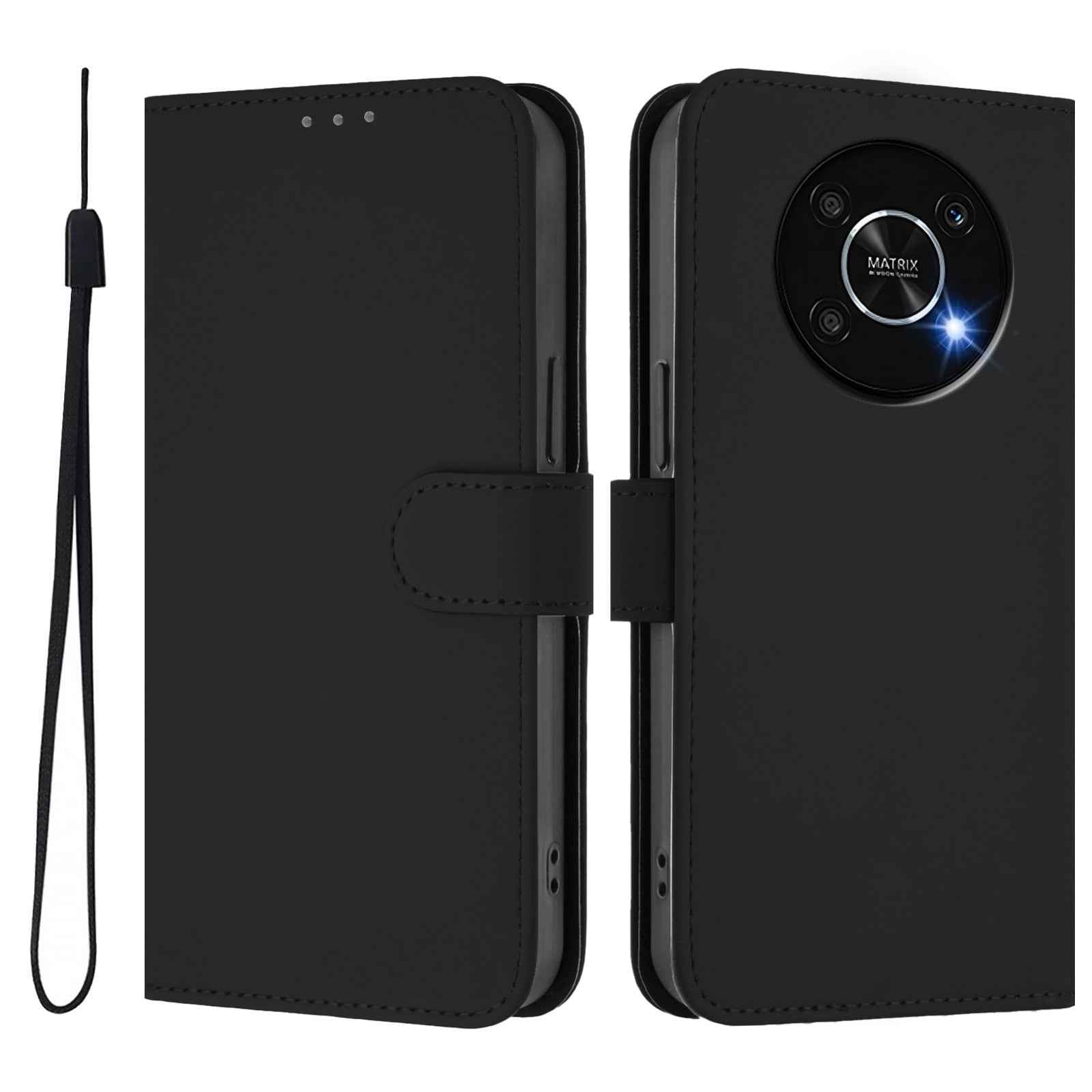 For-Honor-X30-5G-/-X9-5G-/-X9-4G-Skin-Feel-Solid-Color-Leather-Phone-Case-with-Lanyard(Black)
