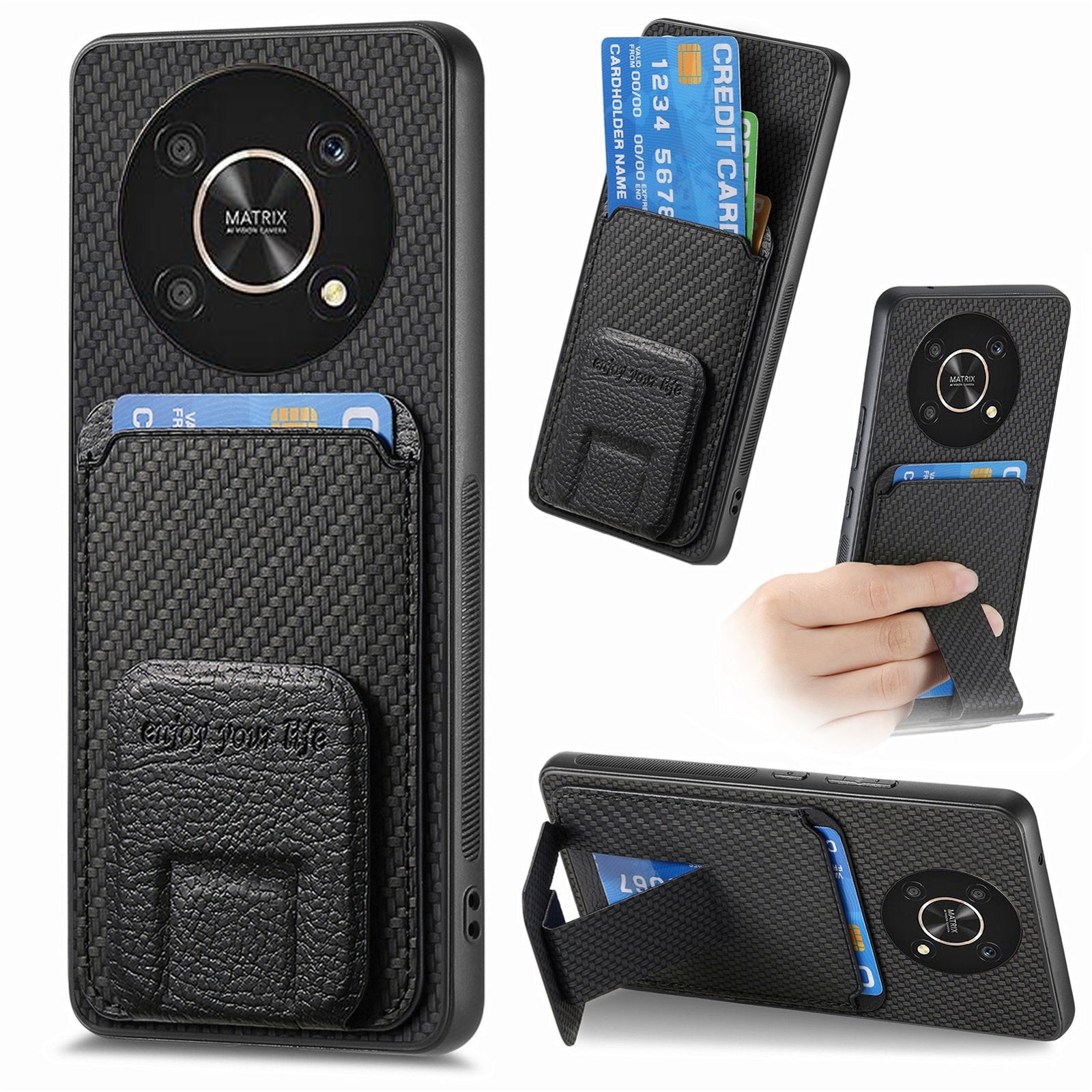 For-Honor-X30/X9-5G/Magic4-Lite-Carbon-Fiber-Card-Bag-Fold-Stand-Phone-Case(Black)