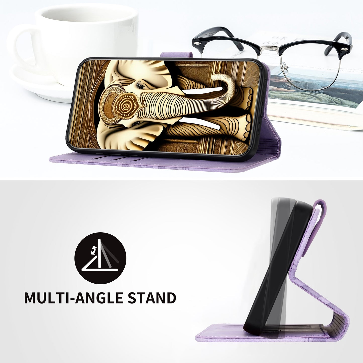 For-Honor-X50i-5G-/-90-Lite-Elephant-Head-Embossed-Phone-Leather-Case-with-Lanyard(Light-Purple)