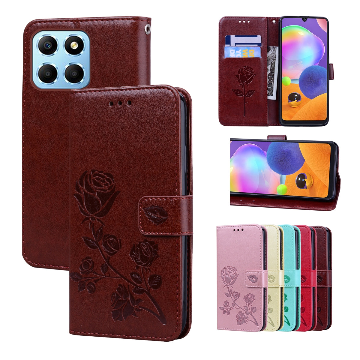For-Honor-X6a-Rose-Embossed-Flip-PU-Leather-Phone-Case(Brown)