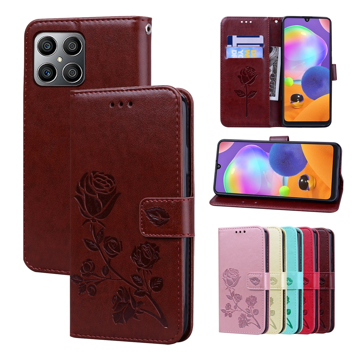 For-Honor-X8a-Rose-Embossed-Flip-PU-Leather-Phone-Case(Brown)