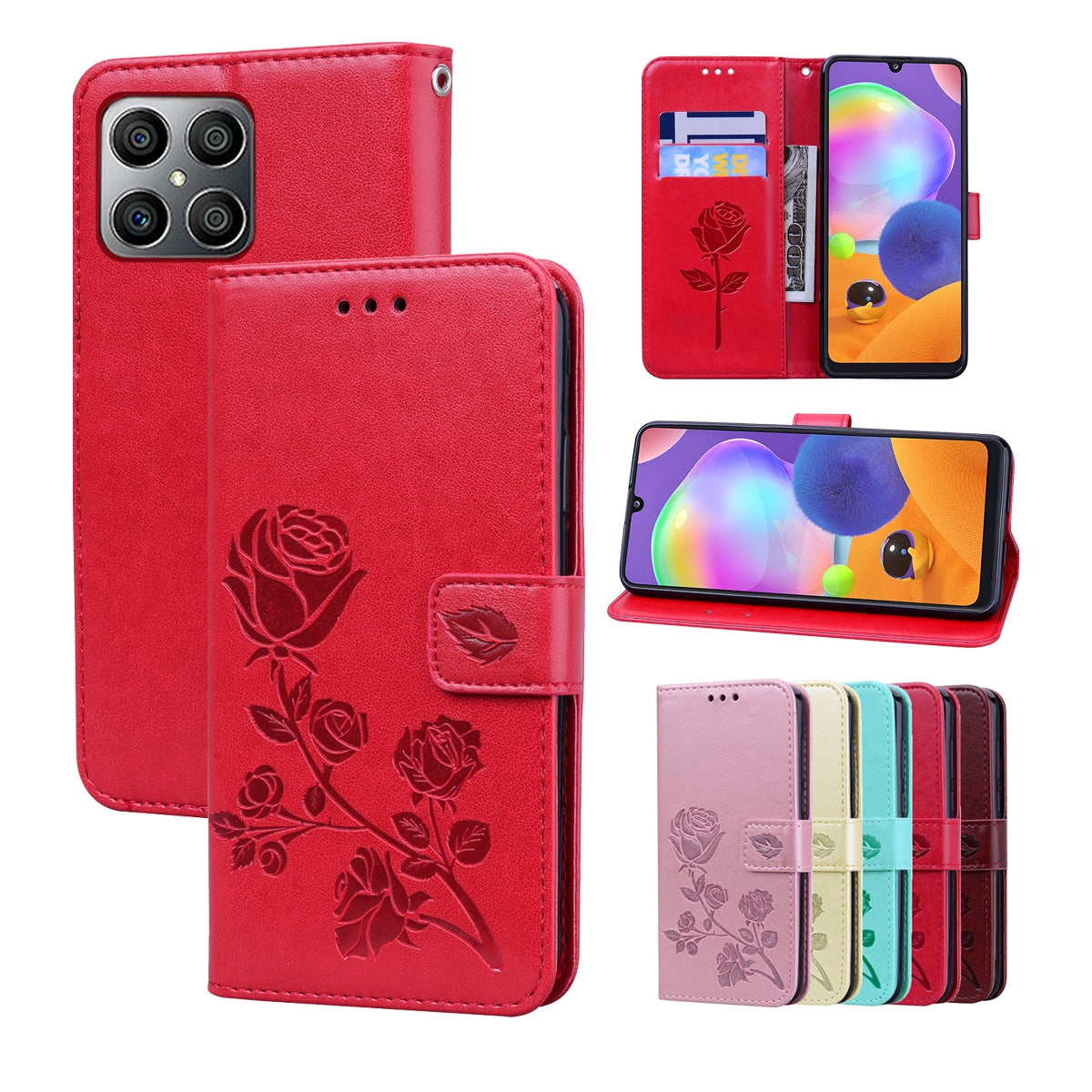 For-Honor-X8a-Rose-Embossed-Flip-PU-Leather-Phone-Case(Red)