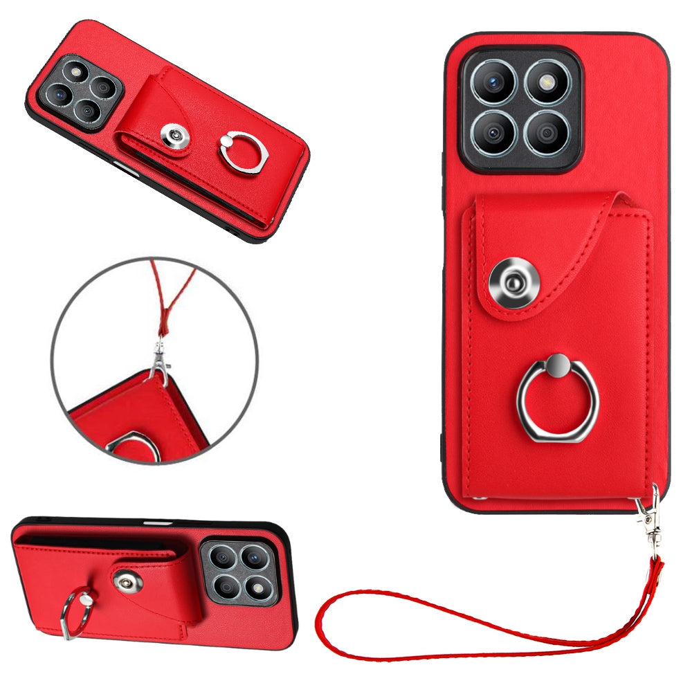 For-Honor-X8b-4G-Global-Organ-Card-Bag-Ring-Holder-PU-Phone-Case-with-Lanyard(Red)