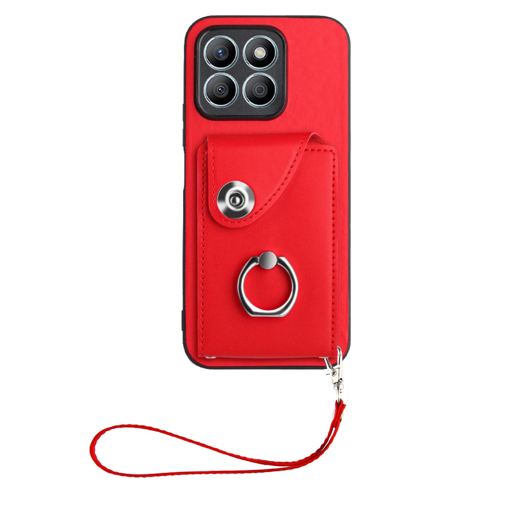 For-Honor-X8b-4G-Global-Organ-Card-Bag-Ring-Holder-PU-Phone-Case-with-Lanyard(Red)