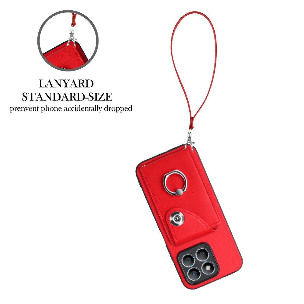For-Honor-X8b-4G-Global-Organ-Card-Bag-Ring-Holder-PU-Phone-Case-with-Lanyard(Red)