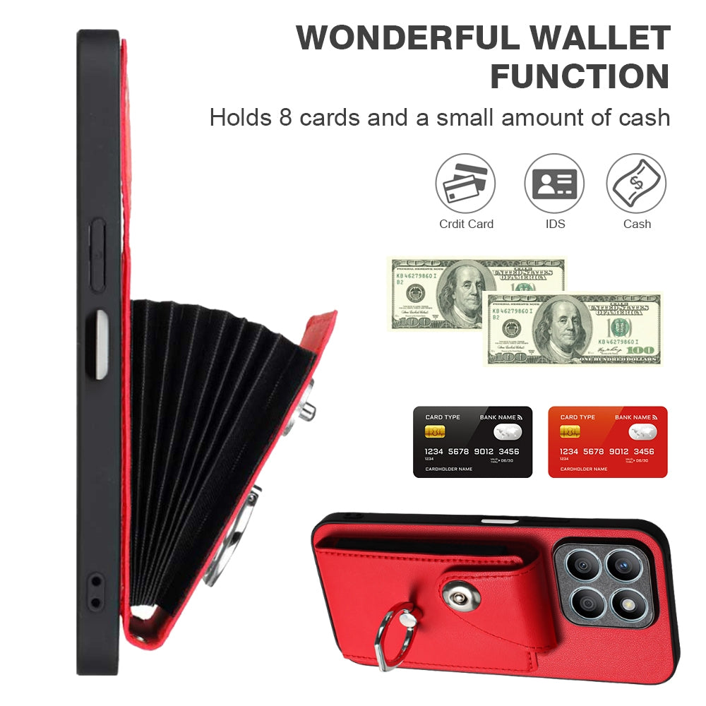 For-Honor-X8b-4G-Global-Organ-Card-Bag-Ring-Holder-PU-Phone-Case-with-Lanyard(Red)