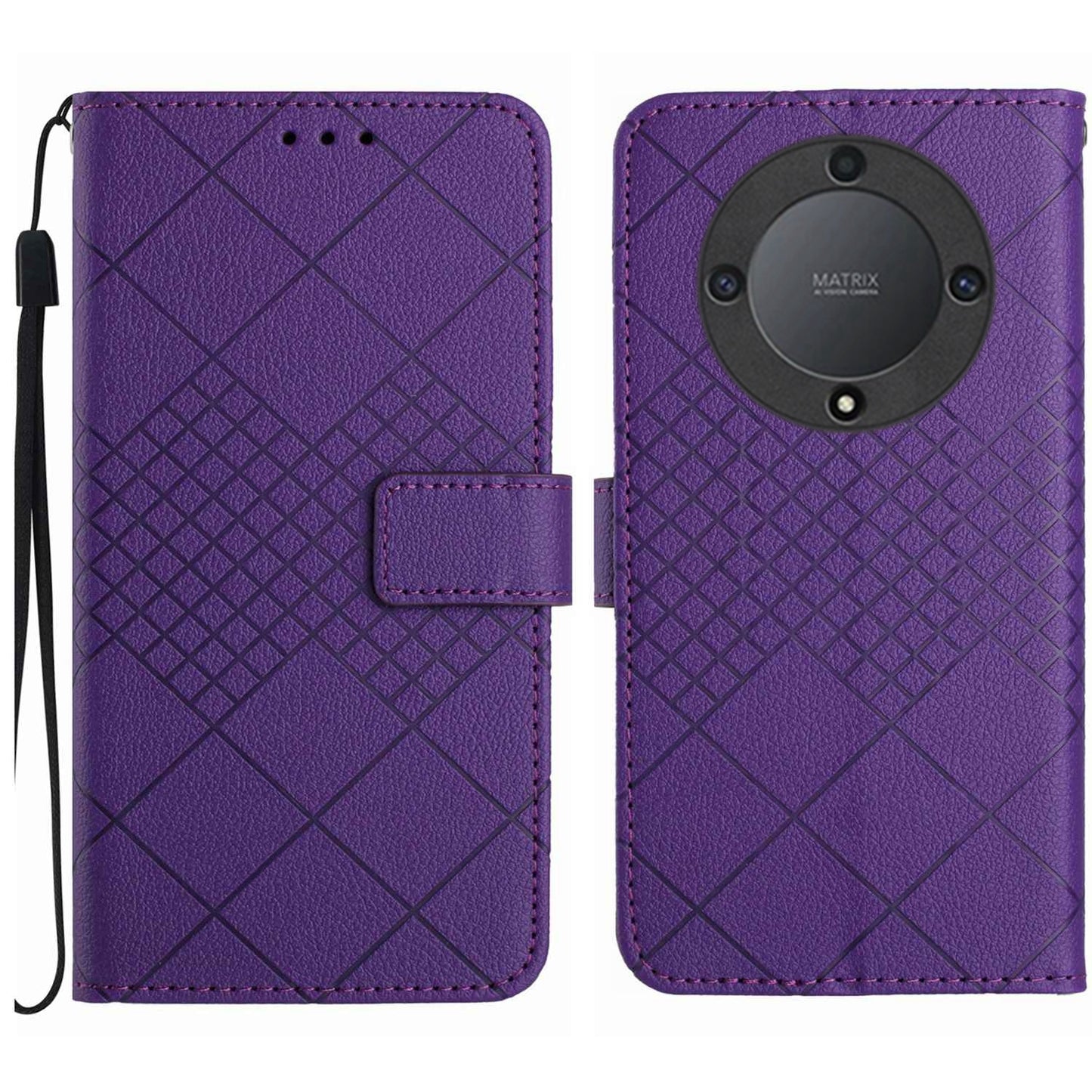 For-Honor-X9a-/-Magic5-Lite-5G-Rhombic-Grid-Texture-Leather-Phone-Case(Purple)
