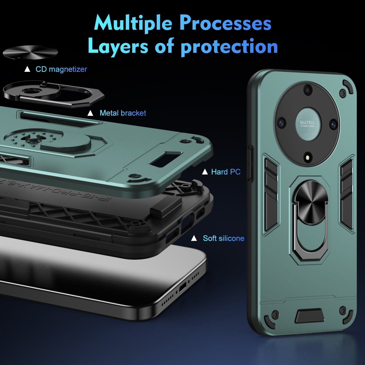 For-Honor-X9a-Shockproof-Metal-Ring-Holder-Phone-Case(Green)