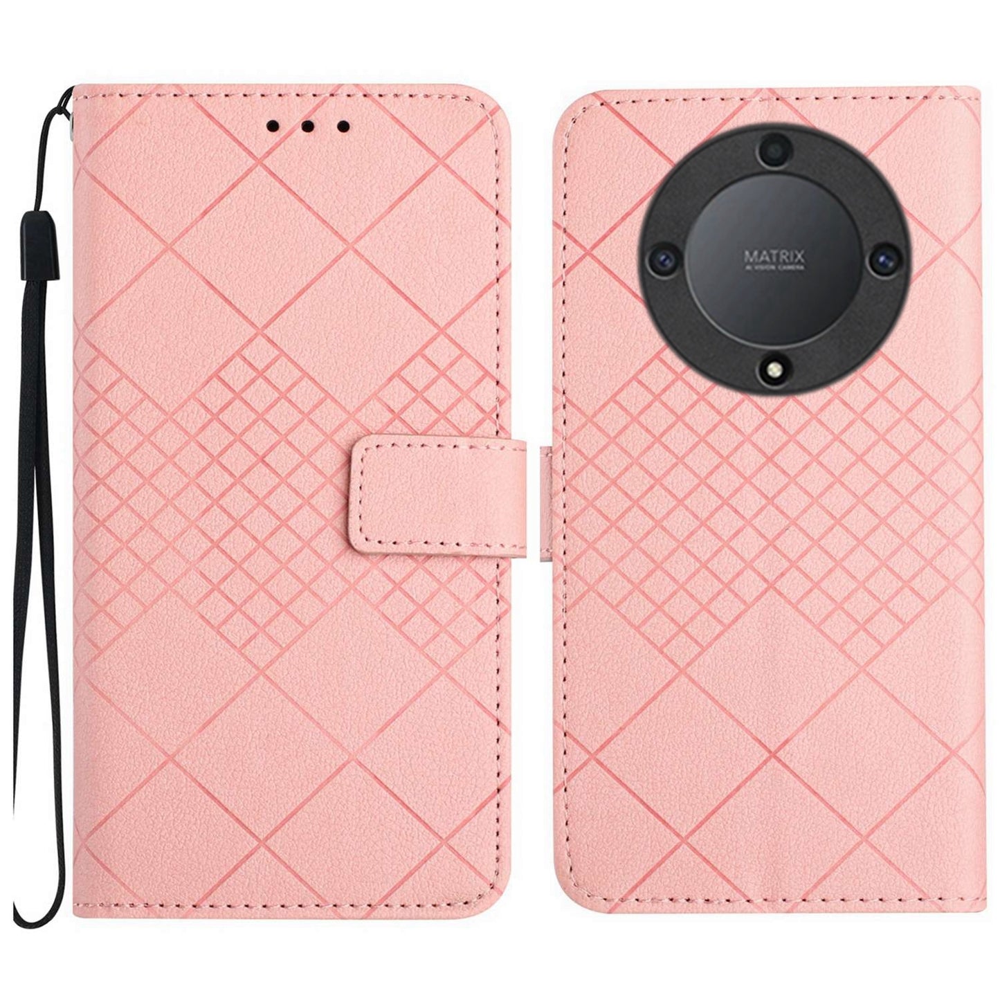 For-Honor-X9a-/-Magic5-Lite-5G-Rhombic-Grid-Texture-Leather-Phone-Case(Pink)