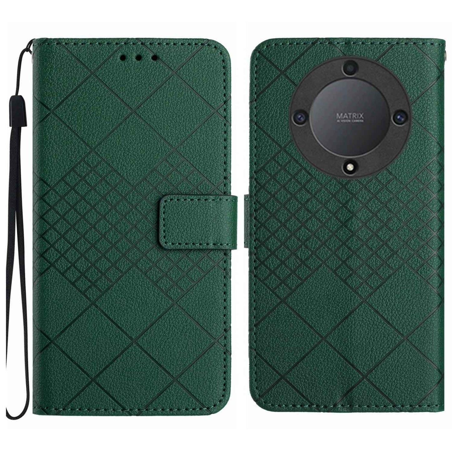 For-Honor-X9a-/-Magic5-Lite-5G-Rhombic-Grid-Texture-Leather-Phone-Case(Green)