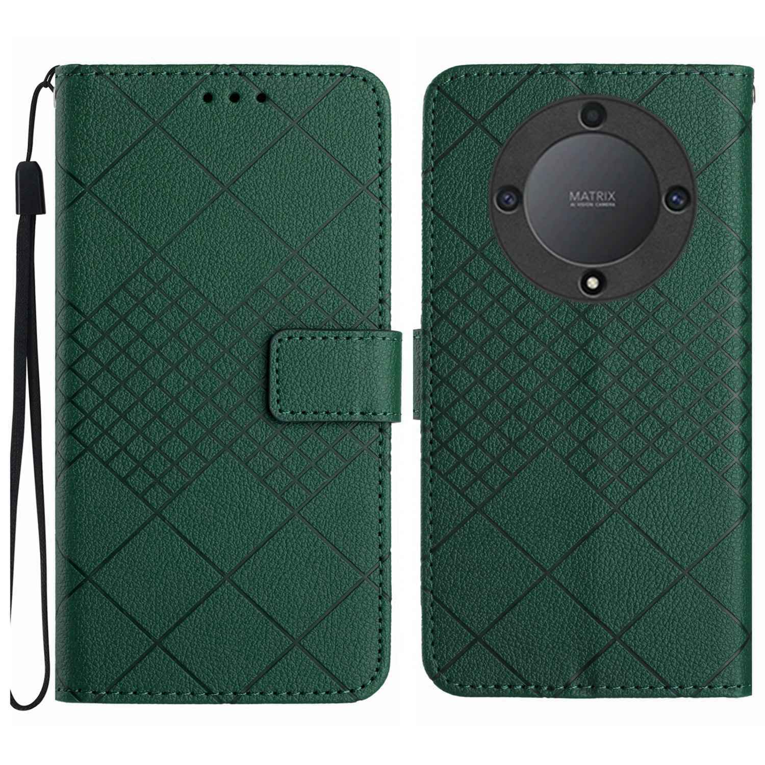 For-Honor-X9a-/-Magic5-Lite-5G-Rhombic-Grid-Texture-Leather-Phone-Case(Green)