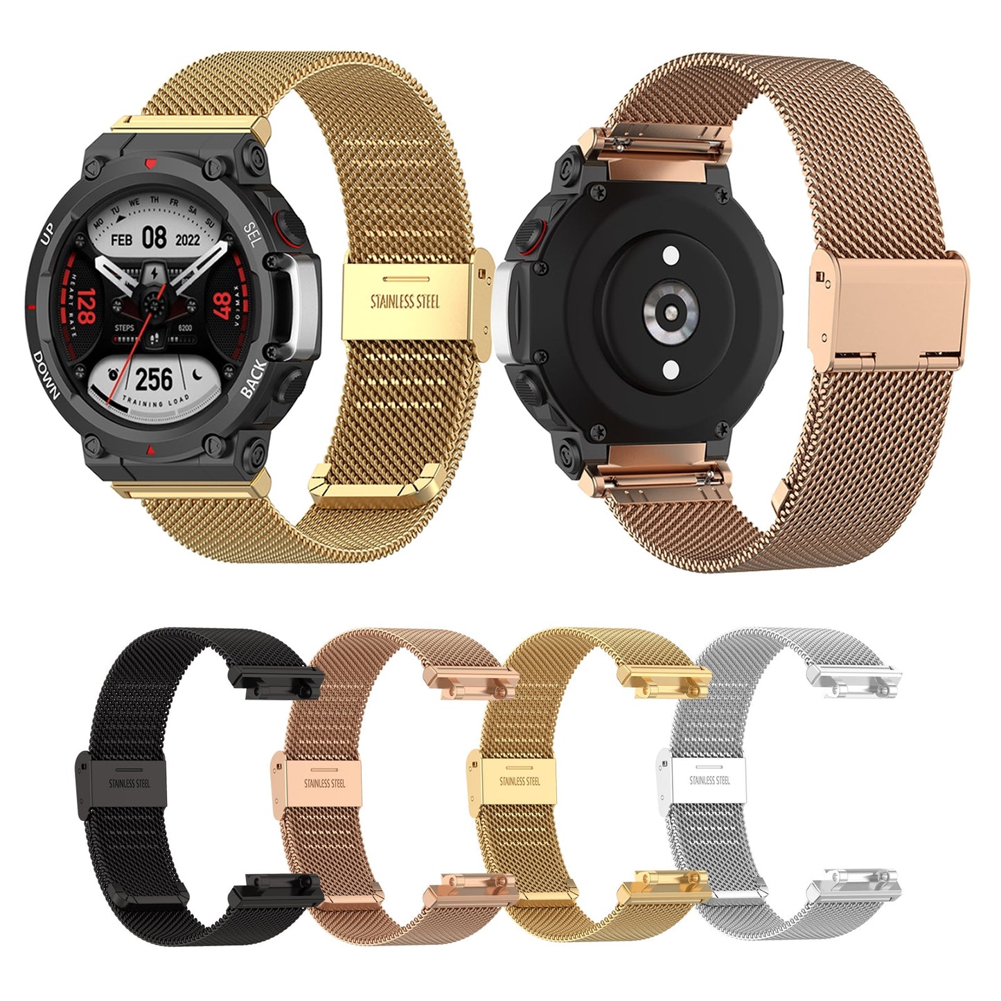 For-Huami-Amazfit-T-Rex-2-Snap-fit-Stainless-Steel-Mesh-Watch-Band(Black)