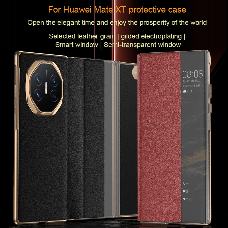 For-Huawei-Mate-XT-Ultimate-Smart-Side-View-Window-Plain-Leather-Phone-Case(Dark-Red)