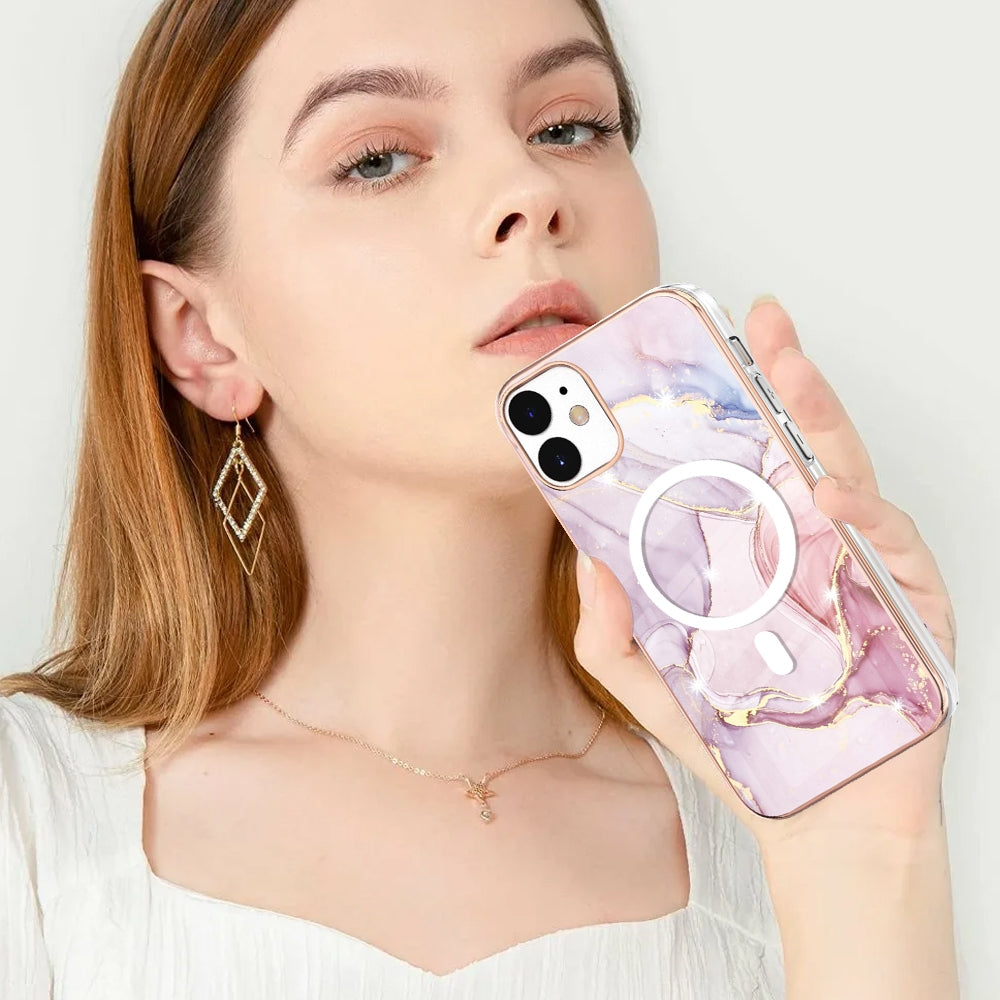 For-iPhone-12-/-12-Pro-Marble-Pattern-Dual-side-IMD-Magsafe-TPU-Phone-Case(Rose-Gold-005)