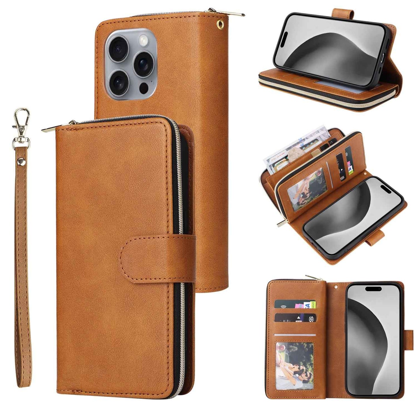 For-iPhone-16-Pro-Max-9-Card-Slots-Zipper-Wallet-Bag-Leather-Phone-Case(Brown)
