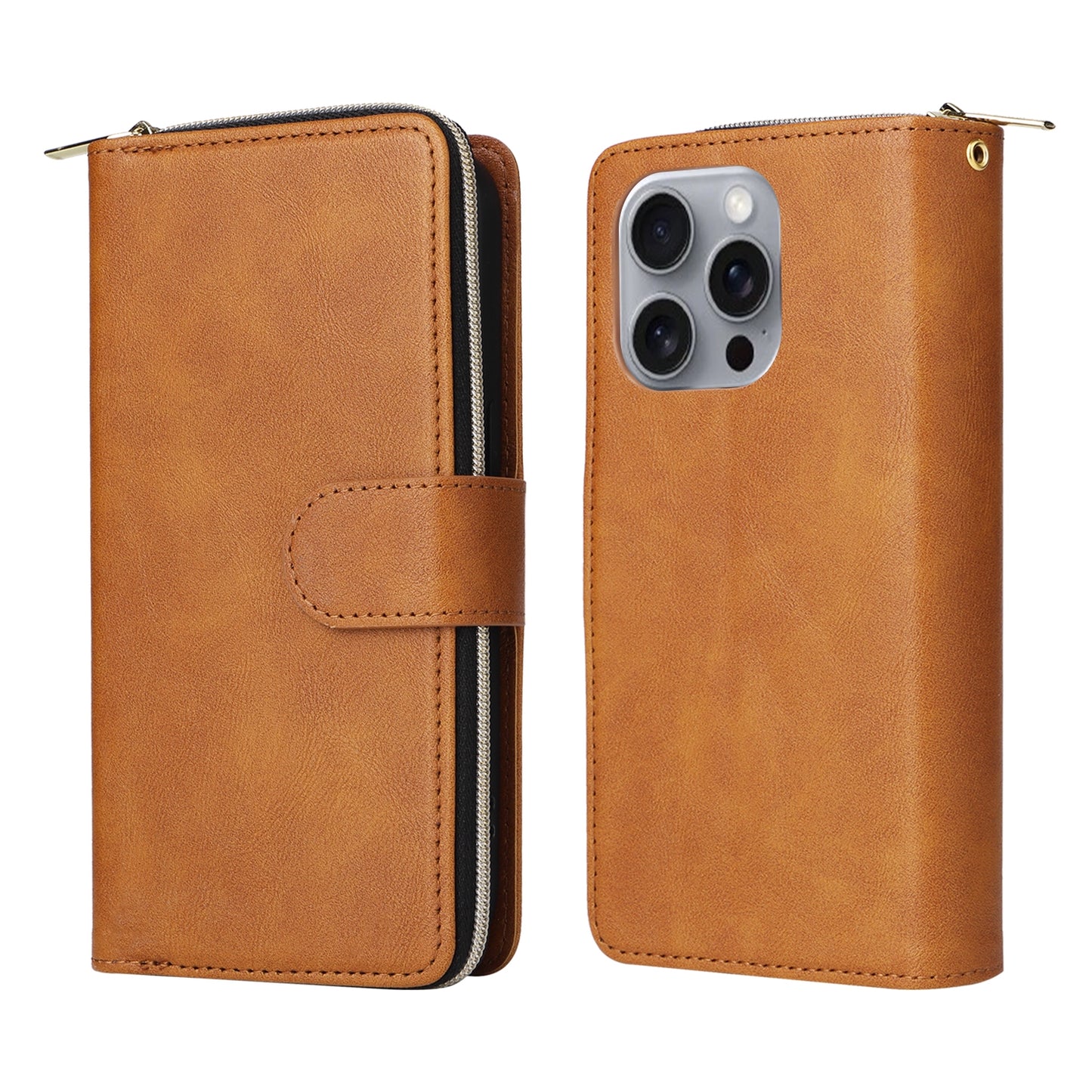 For-iPhone-16-Pro-Max-9-Card-Slots-Zipper-Wallet-Bag-Leather-Phone-Case(Brown)