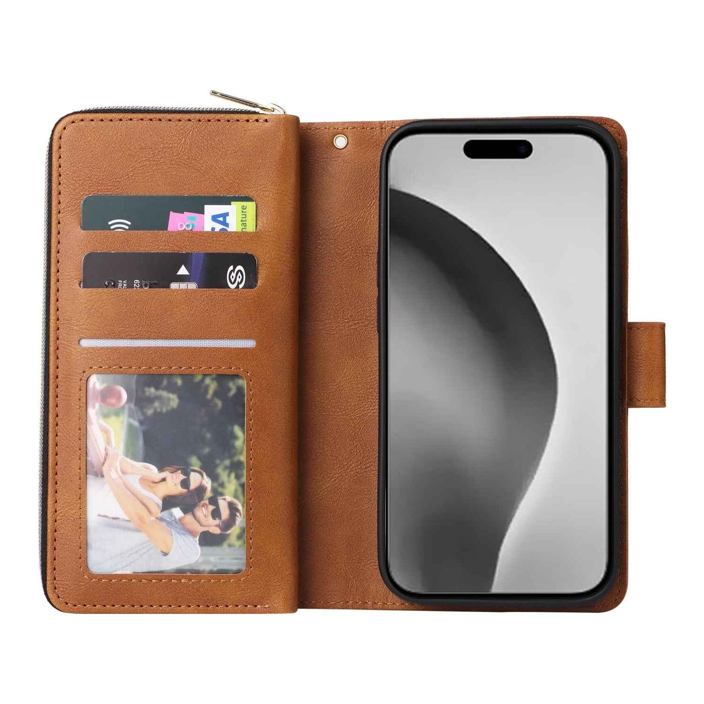 For-iPhone-16-Pro-Max-9-Card-Slots-Zipper-Wallet-Bag-Leather-Phone-Case(Brown)