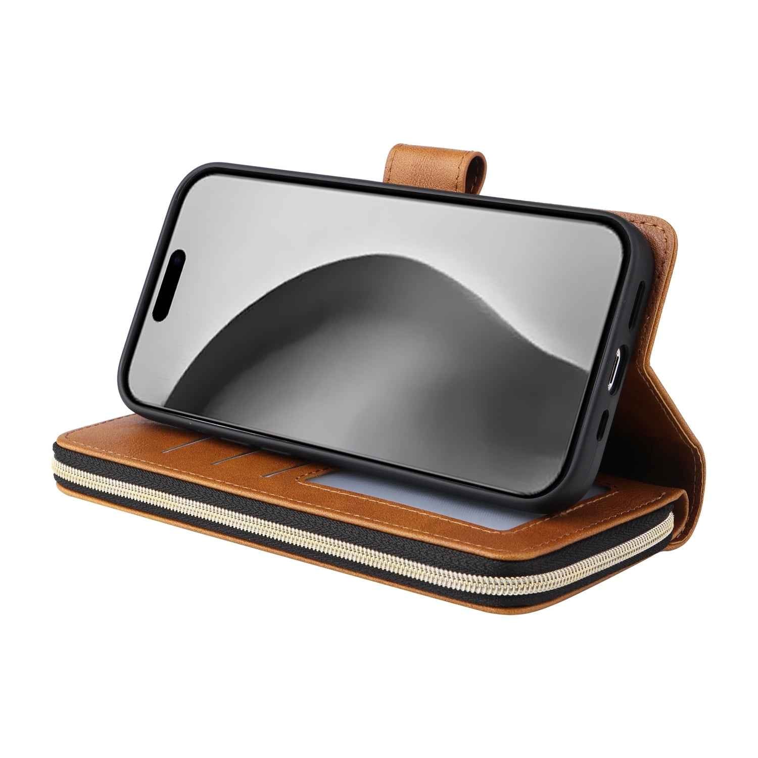 For-iPhone-16-Pro-Max-9-Card-Slots-Zipper-Wallet-Bag-Leather-Phone-Case(Brown)