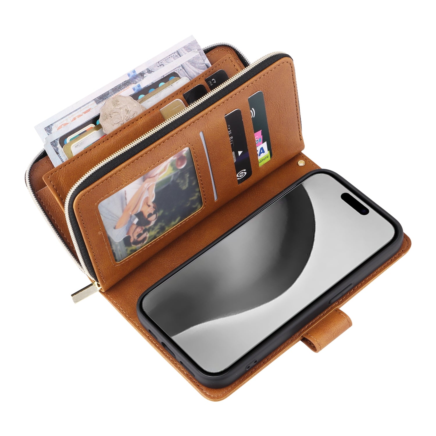 For-iPhone-16-Pro-Max-9-Card-Slots-Zipper-Wallet-Bag-Leather-Phone-Case(Brown)