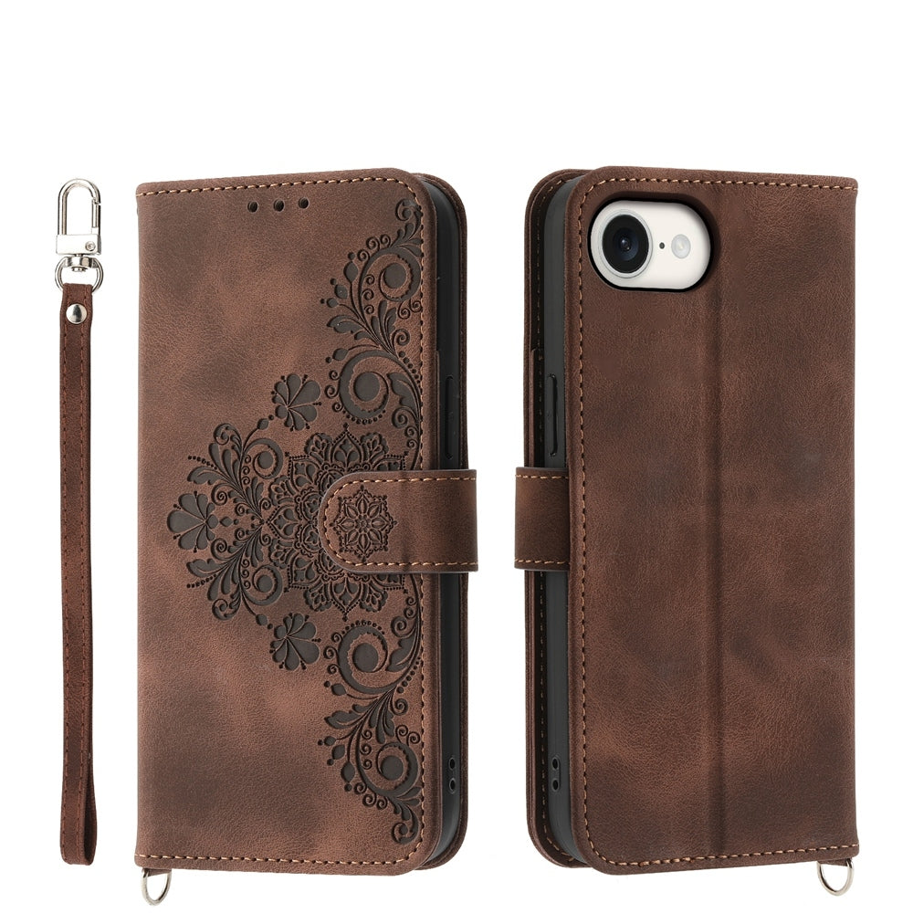 For-iPhone-16e-Skin-feel-Flowers-Embossed-Wallet-Leather-Phone-Case(Brown)
