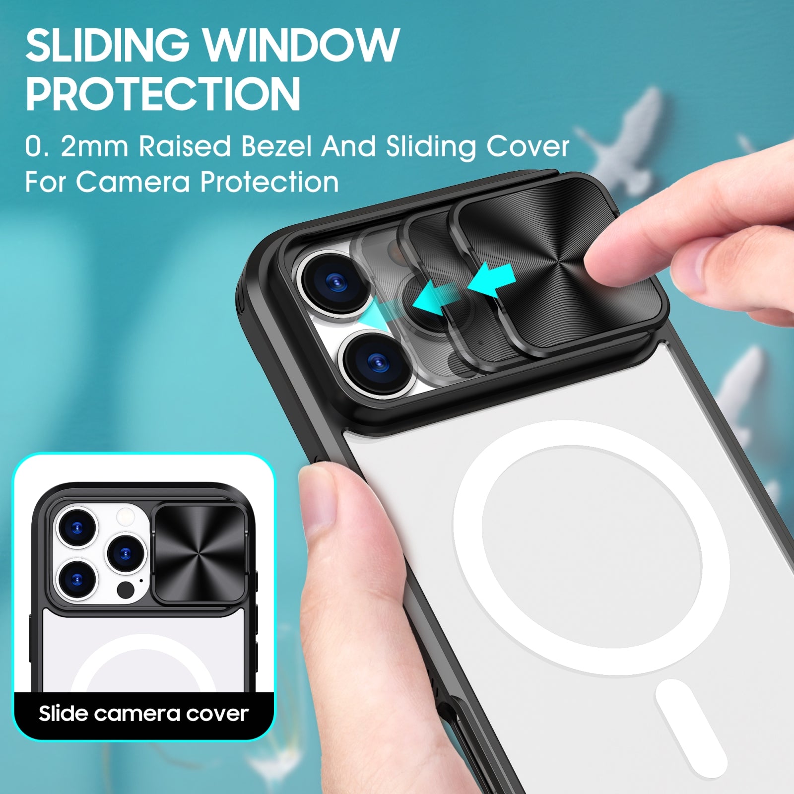 For-iPhone-16-Pro-Clear-Acrylic-+-PC-+-TPU-MagSafe-Lens-Sliding-Cover-Full-Coverage-Phone-Case(Black)