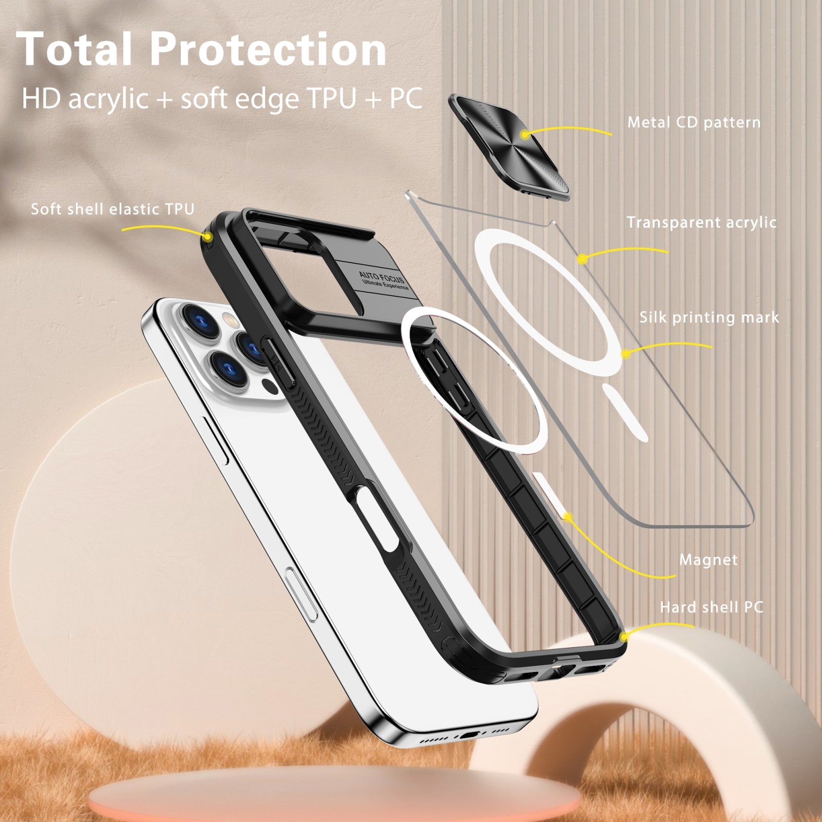 For-iPhone-16-Pro-Clear-Acrylic-+-PC-+-TPU-MagSafe-Lens-Sliding-Cover-Full-Coverage-Phone-Case(Black)