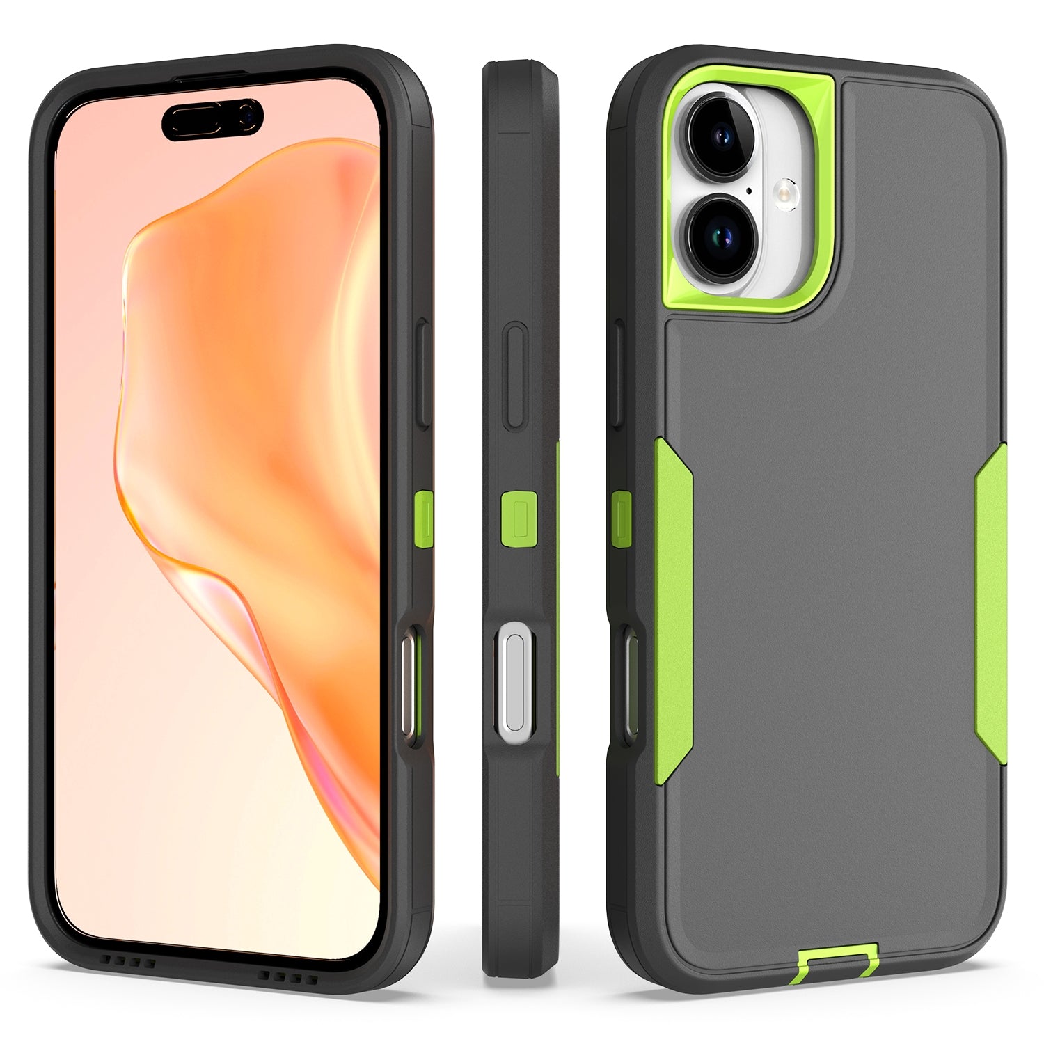 For-iPhone-16-Plus-2-in-1-PC-Hybrid-TPU-Phone-Case(Gray+Fluorescent-Green)