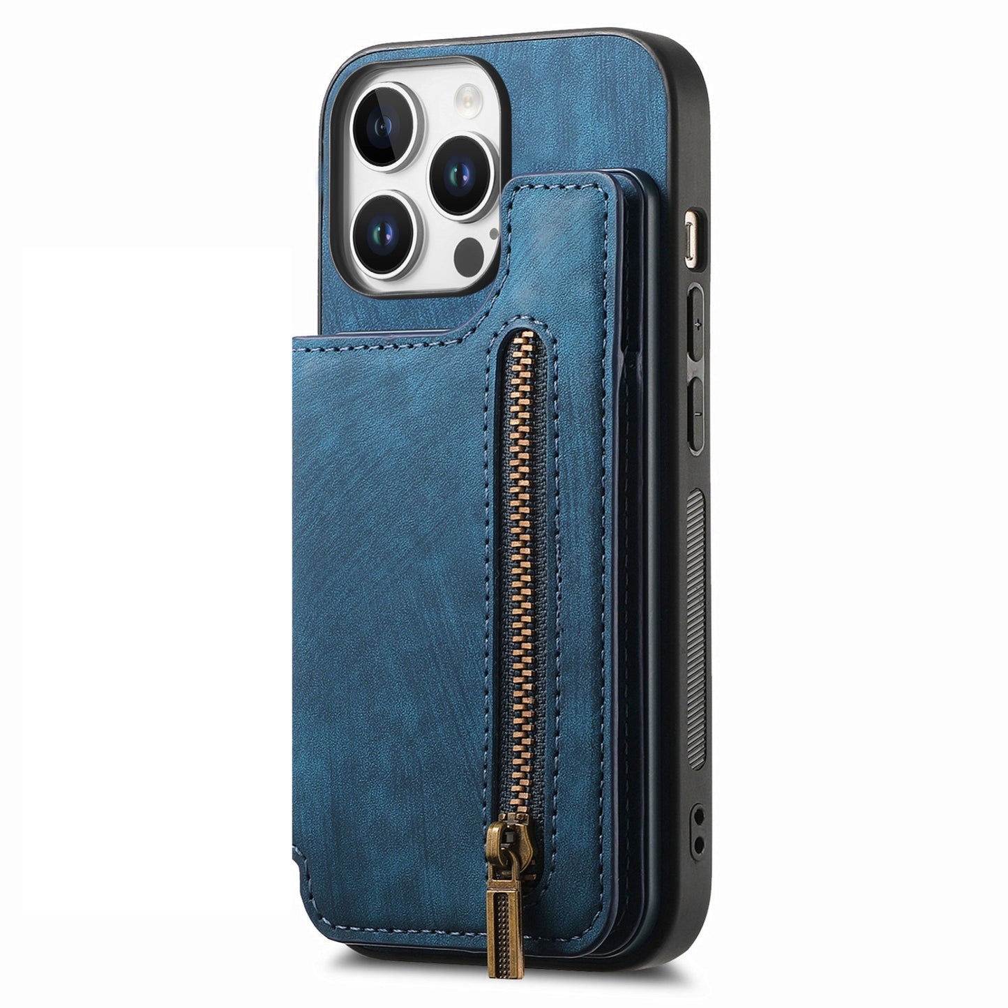 For-iPhone-16-Pro-Retro-Leather-Zipper-Wallet-Back-Phone-Case(Blue)