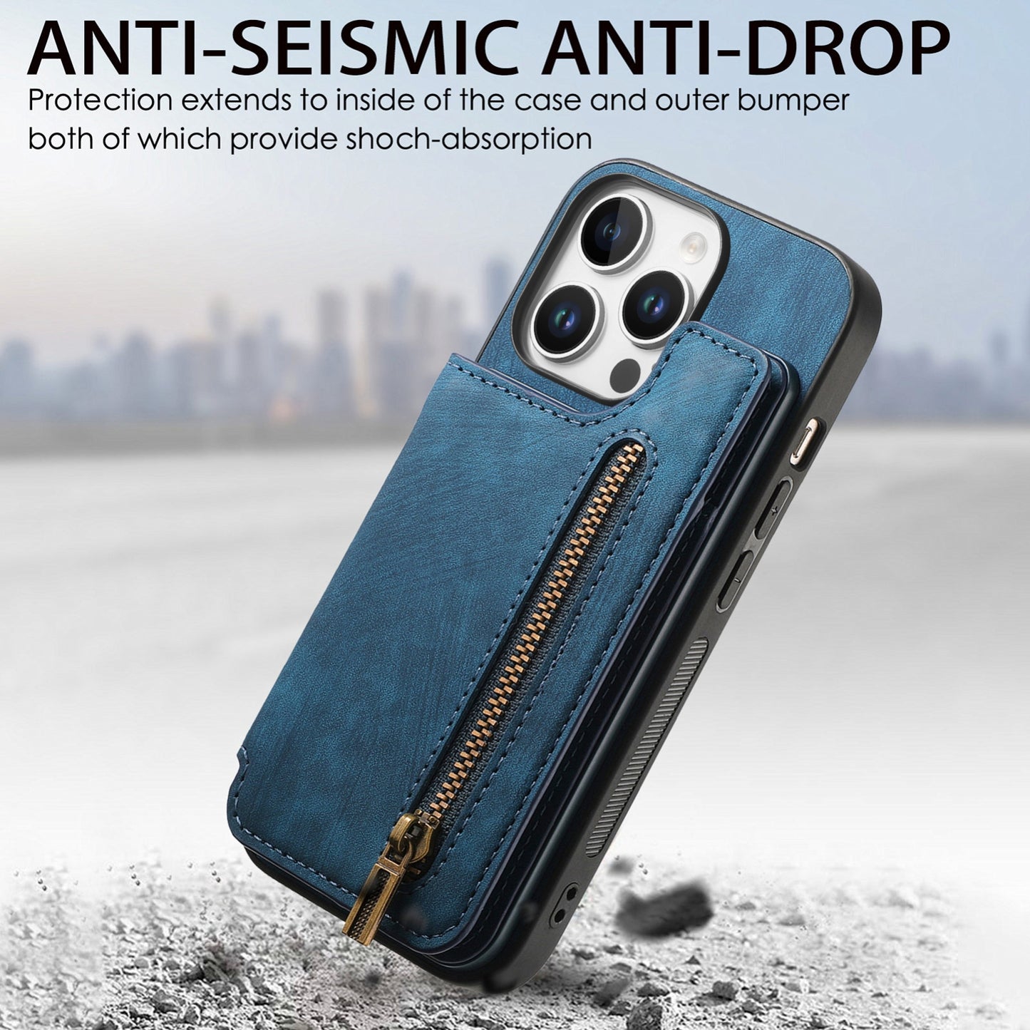 For-iPhone-16-Pro-Retro-Leather-Zipper-Wallet-Back-Phone-Case(Blue)